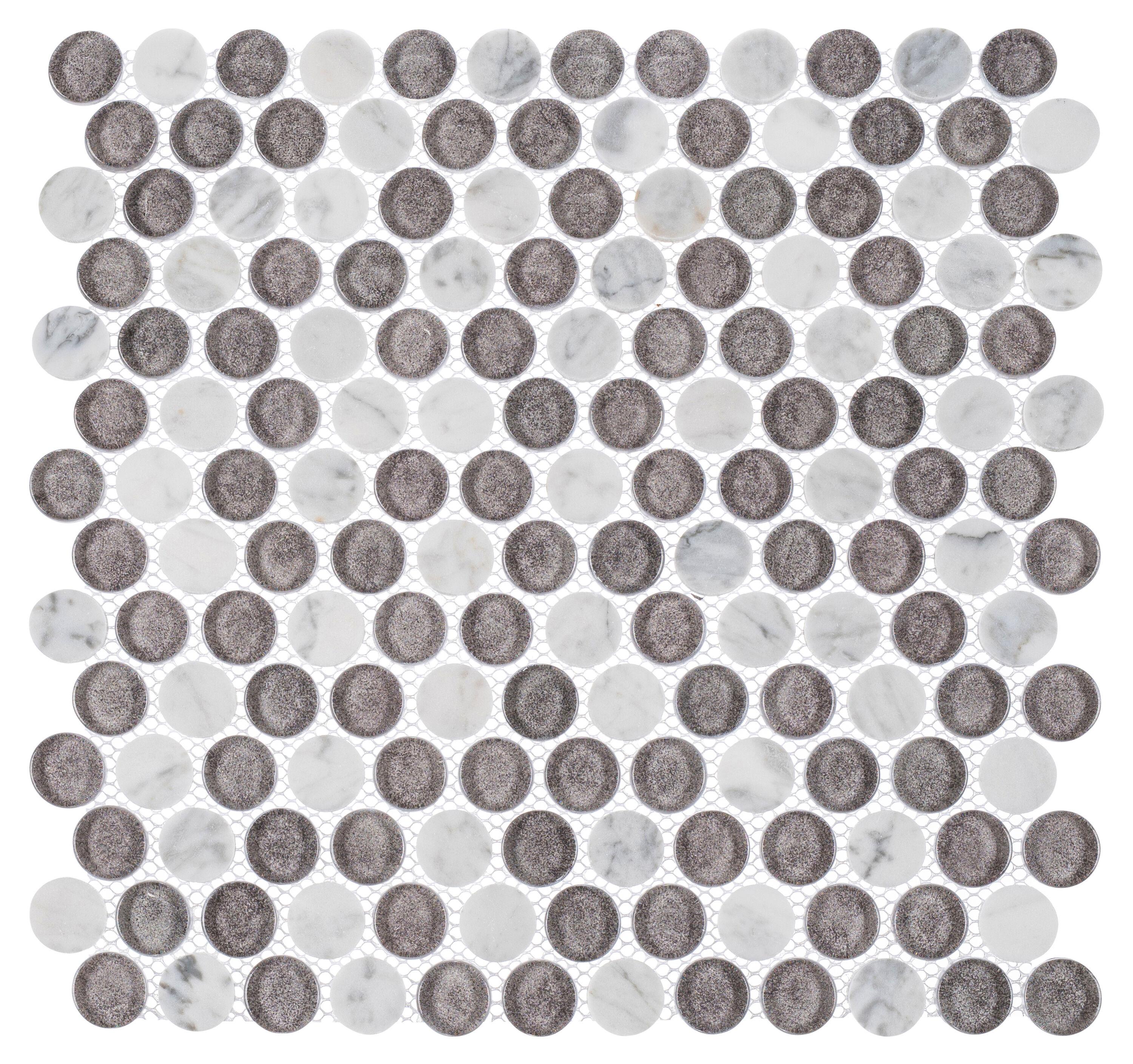 Space 3/4" Penny Round Glass & Natural Stone Mosaic Kitchen Backsplash, Bathroom, Shower, Wall and Floor Tile