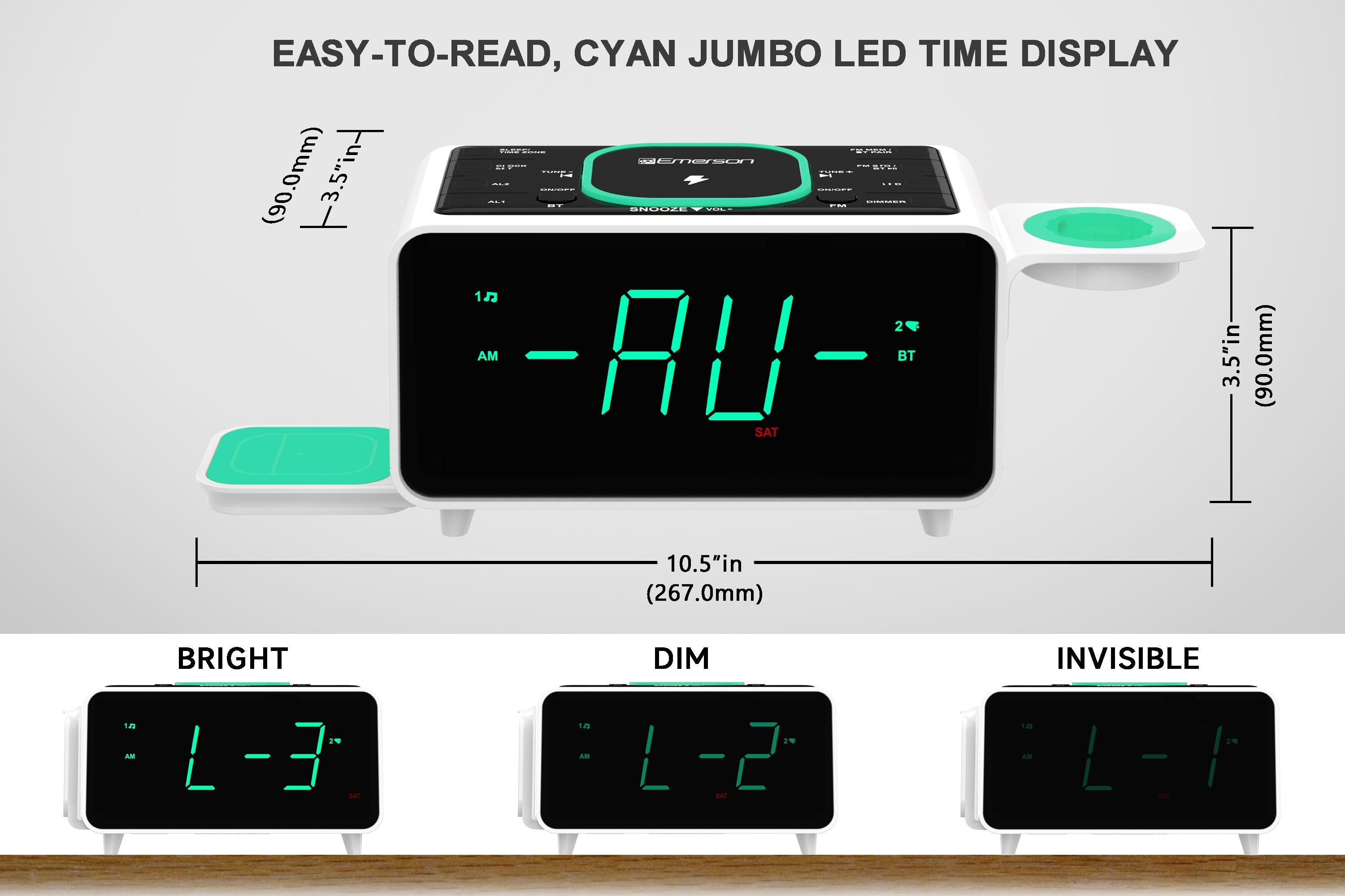 Emerson SmartSet Multiple Wireless Charging, Dual Alarm Clock Radio, Bluetooth Speaker, USB Charger, Cyan Night LED and 1.4” Display, ER100501