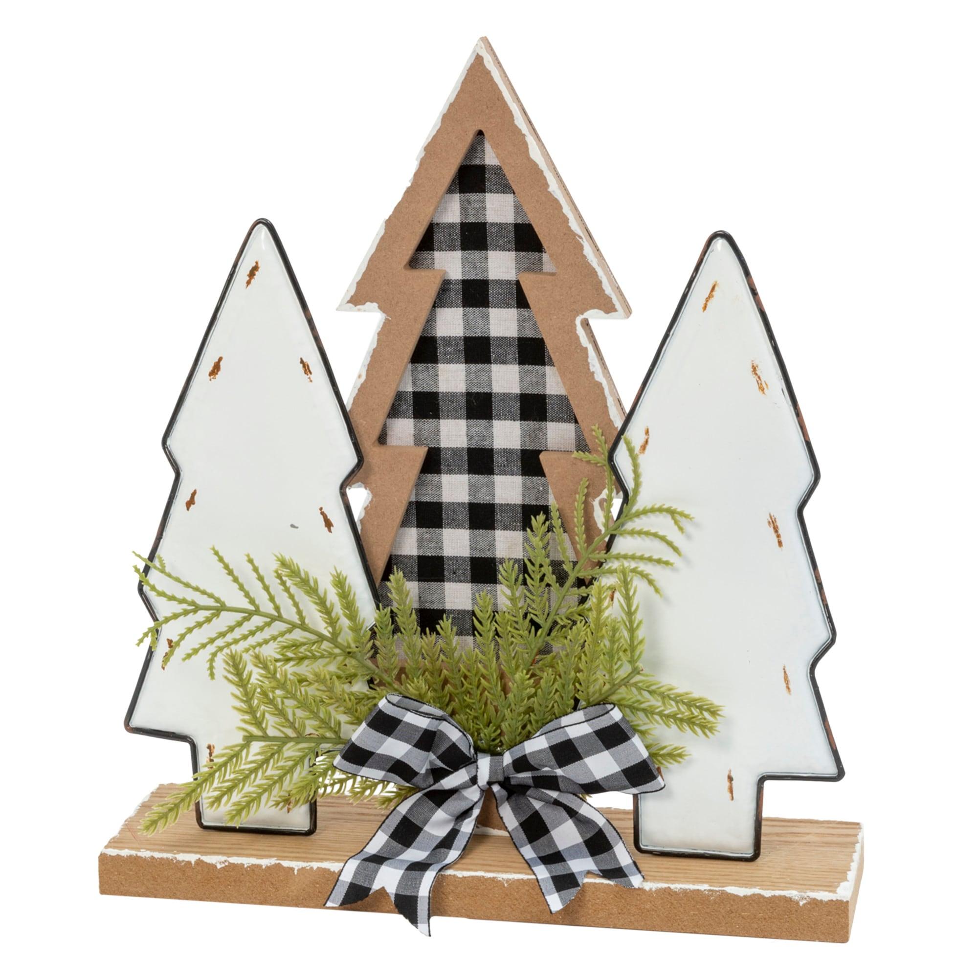 12-Inch Pine and Plastic Christmas Tree Trio with Plaid Bow