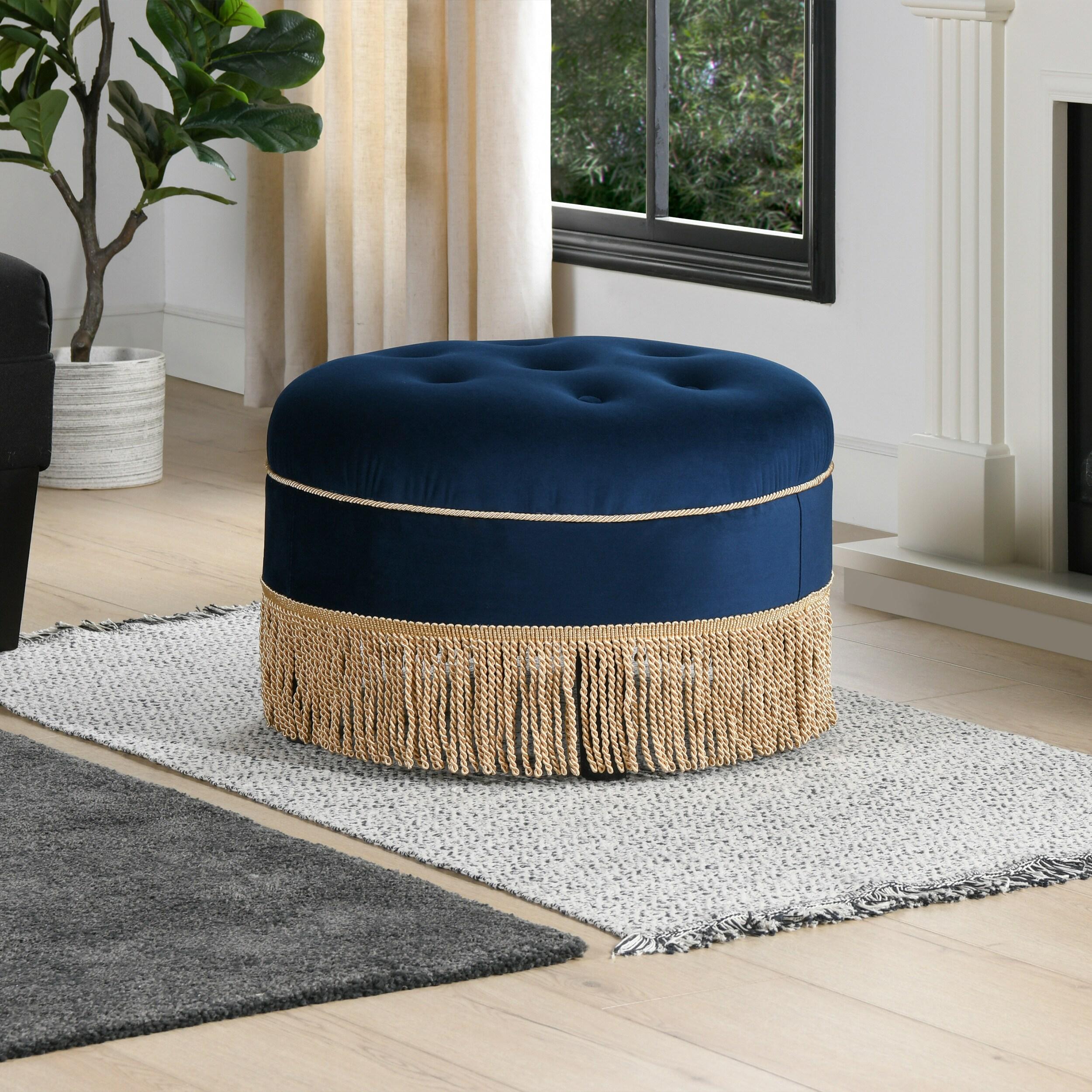 Jennifer Taylor Home Yolanda Upholstered Round Accent Ottoman, Navy Blue Velvet with Gold Trim