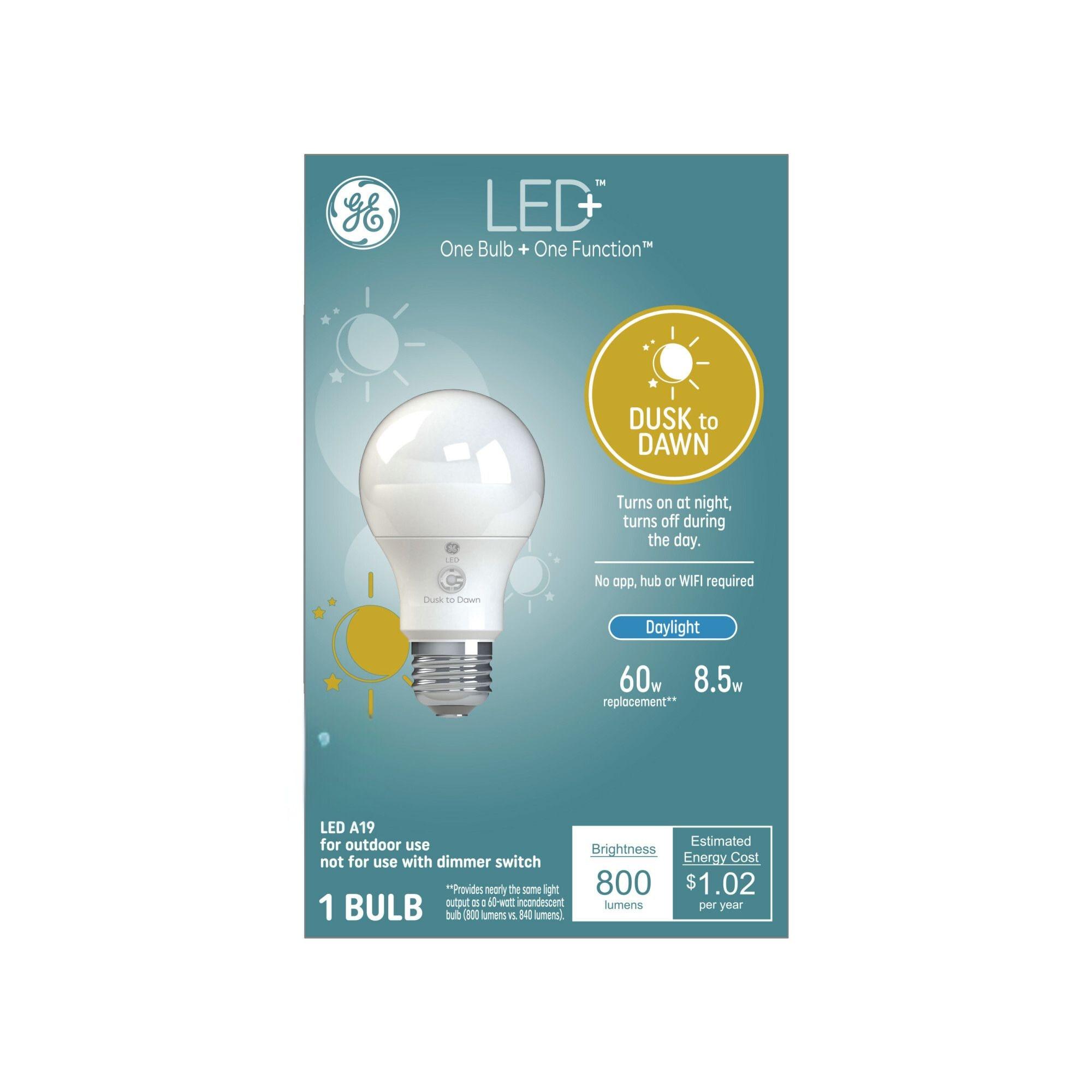 GE LED+ Dusk to Dawn A19 LED Light Bulb Daylight: 800 Lumens, 60W Equivalent, Energy Star Certified, E26 Base, 5000K