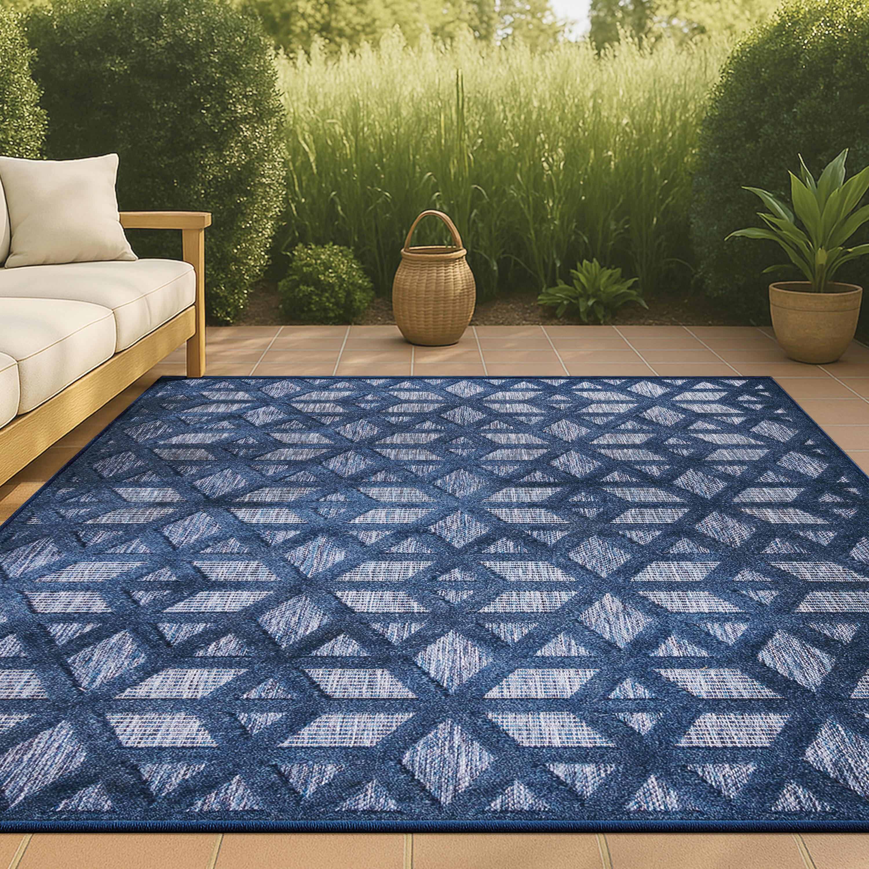 5'x8' Talaia Neutral Geometric Indoor/Outdoor Area Rug, Navy - JONATHAN Y