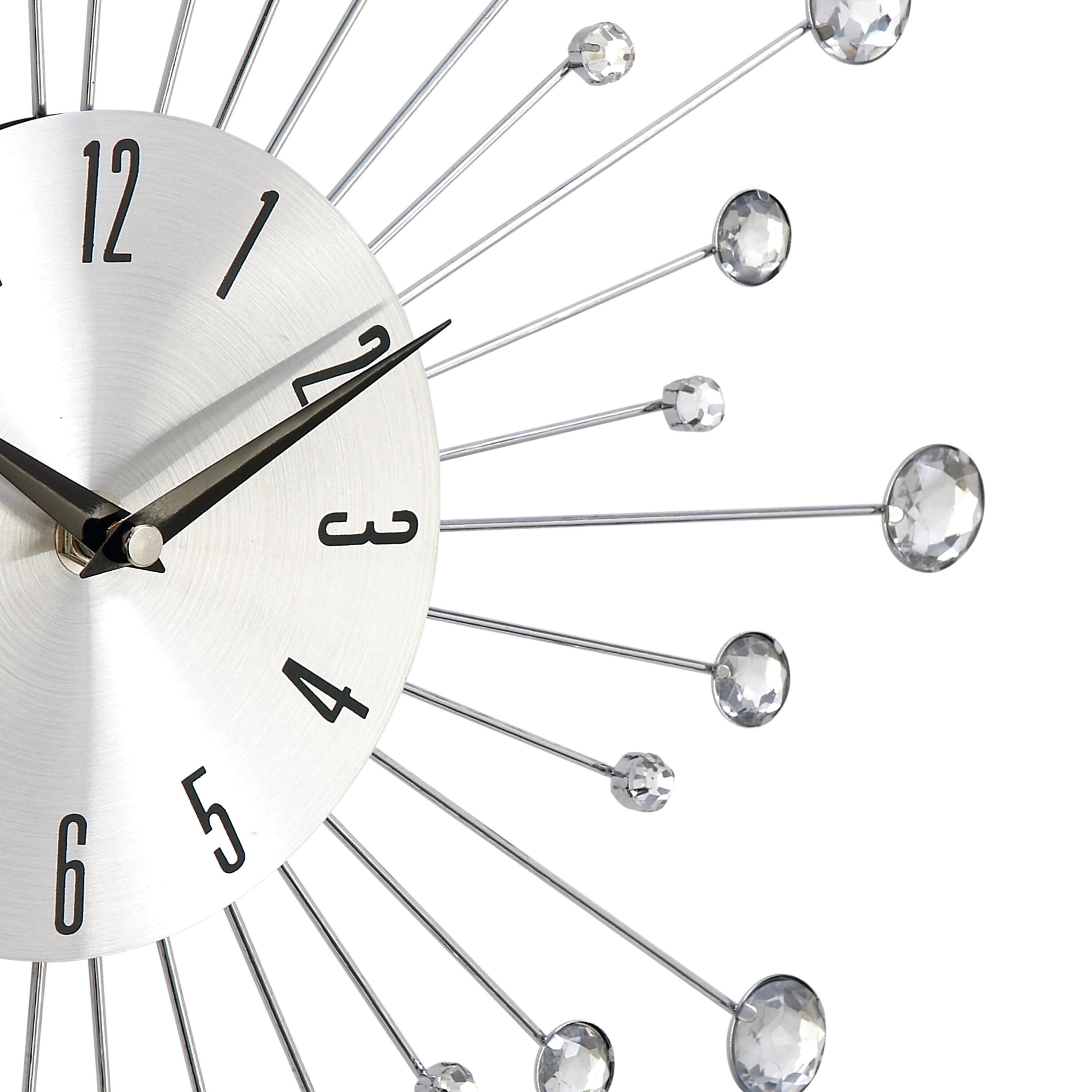 DecMode 15" Silver Metal Starburst Wall Clock with Crystal Accents