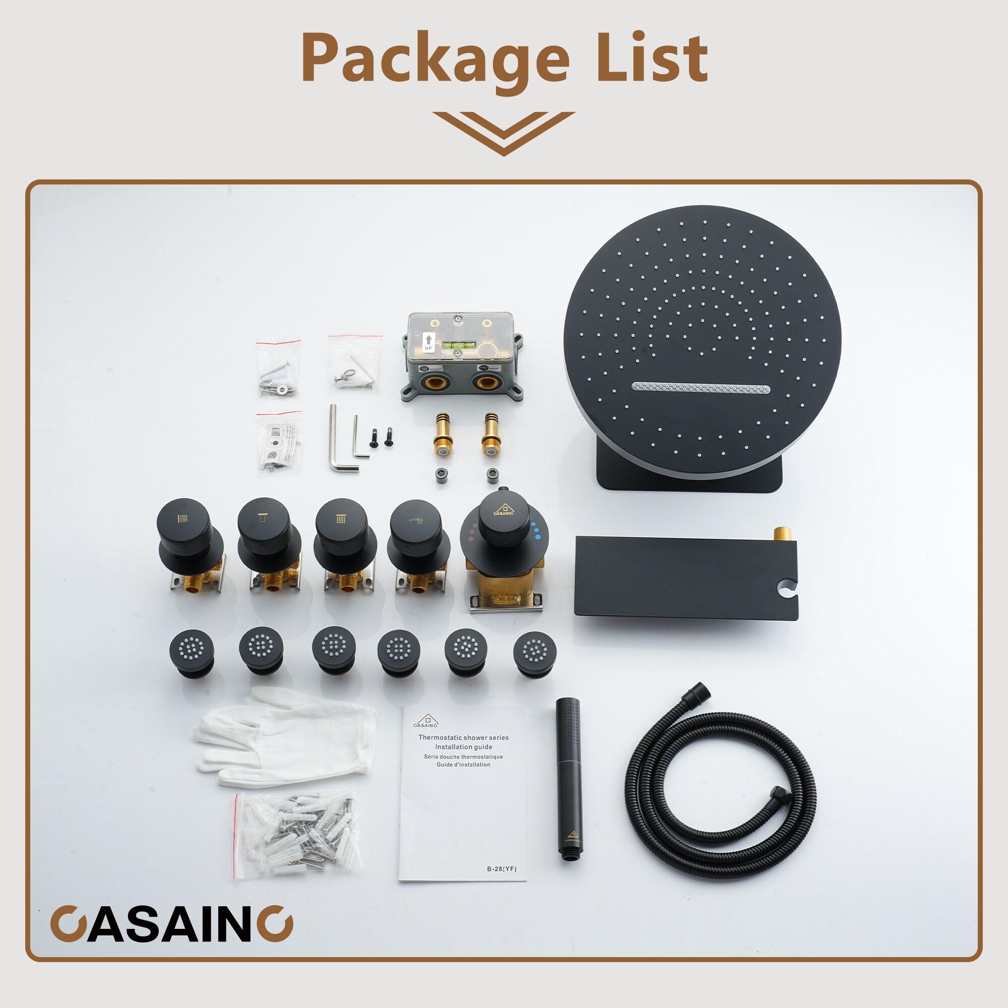 CASAINC KCHS0005-12MB Rainfall Thermostatic Shower System with Body Jets, 2-Sprays Shower Head and a Shelf