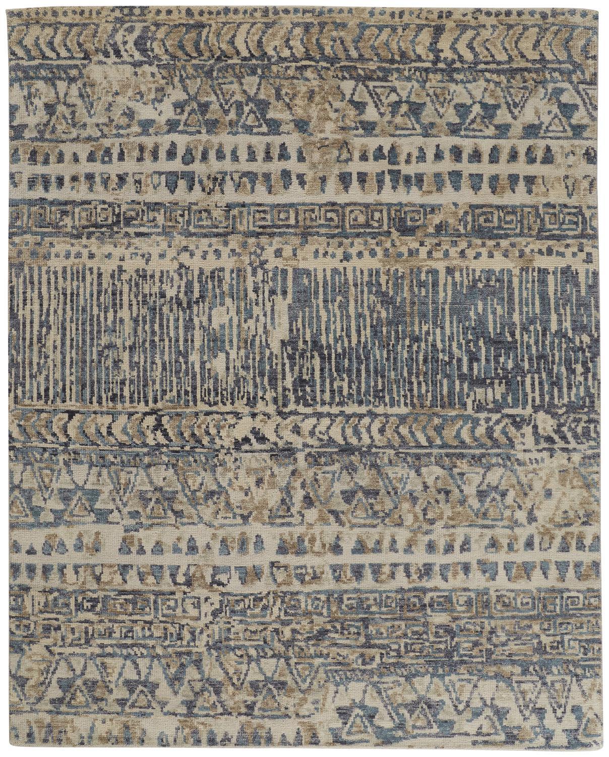 Ivory and Denim Blue Hand-Knotted Wool Abstract Rug
