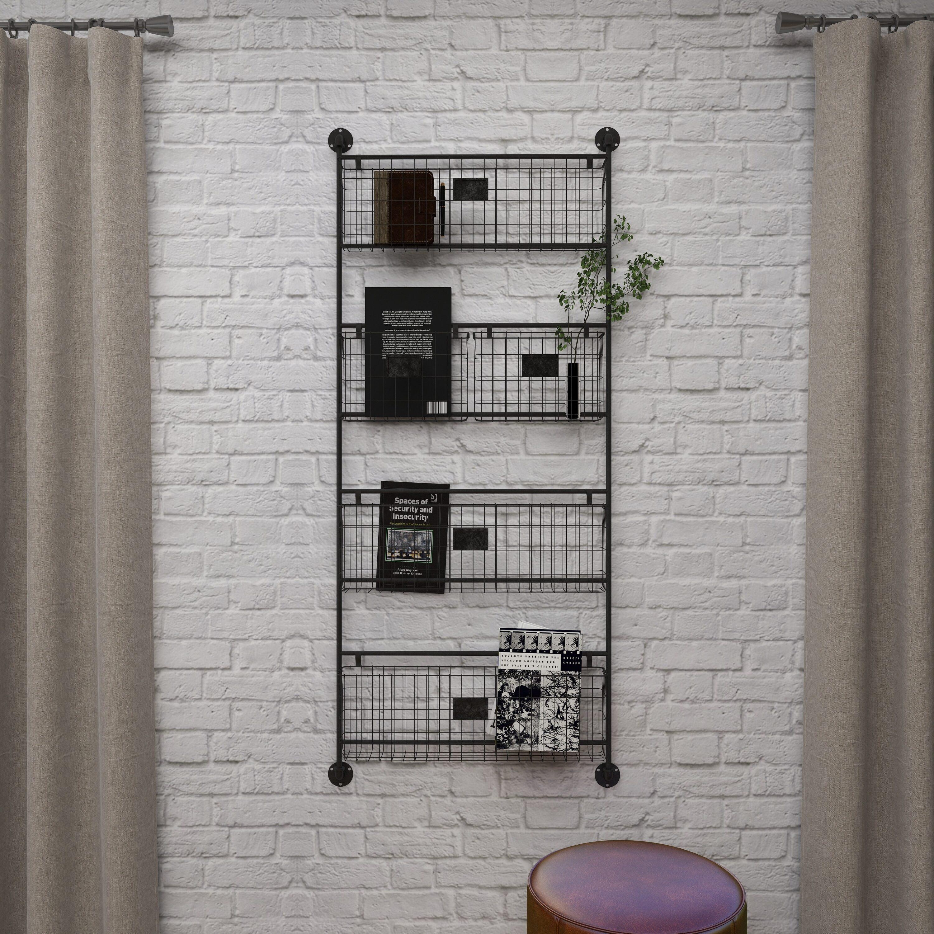 DecMode 4-Tier Industrial Wall Organizer Basket and Magazine Rack Holder, 27"W x 5"L x 61"H, Black Metal with Rustic Distressed Finish