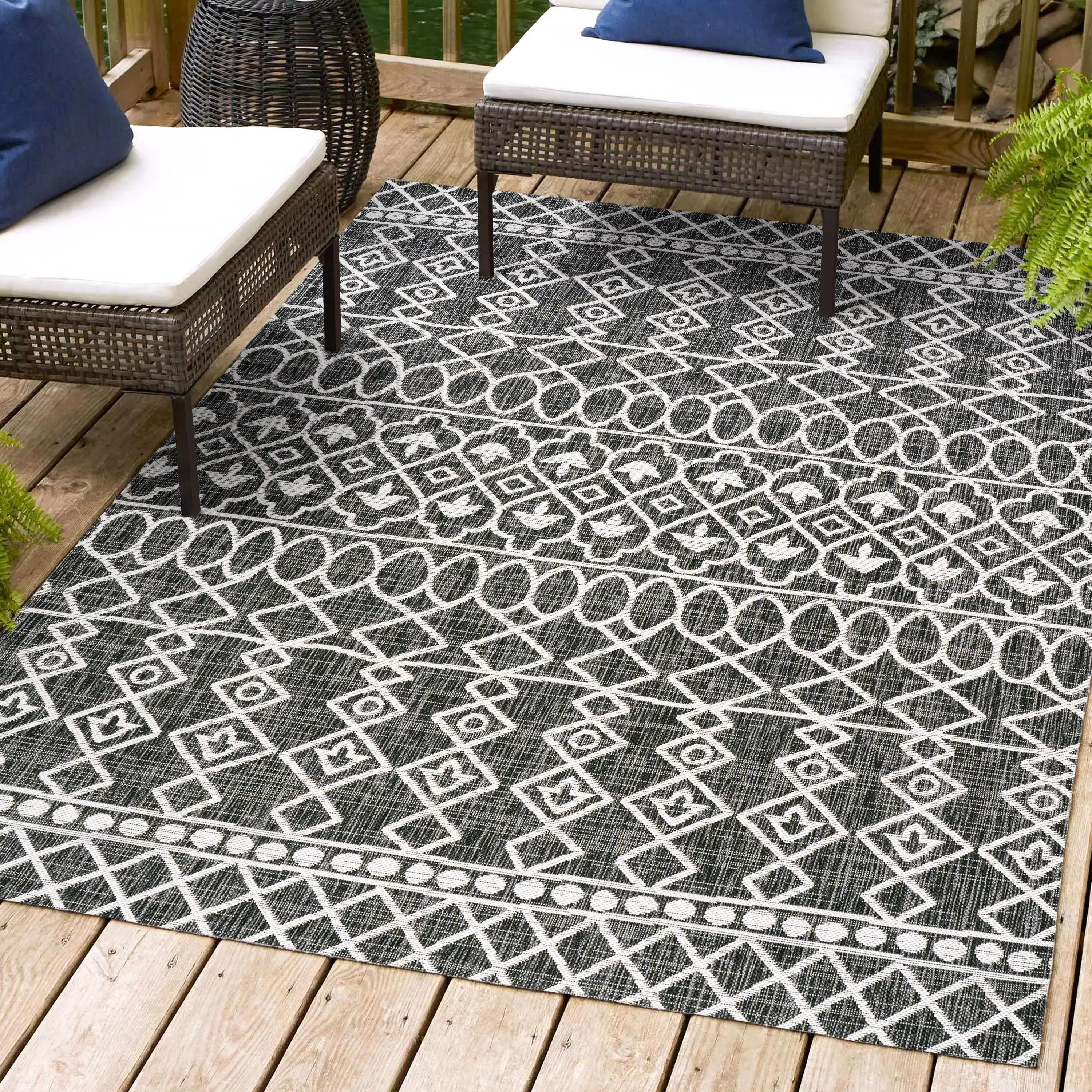 3'x5' Kafel Modern Bohemian Indoor/Outdoor Area Rug, Black/Ivory - JONATHAN Y