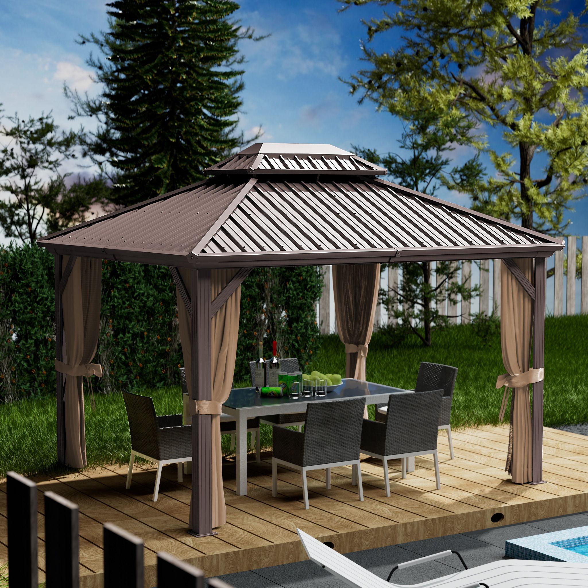 Kozyard Kozyard Caesar Gray Double Roof Hardtop Gazebo with Privacy Curtain and Mosquito Netting