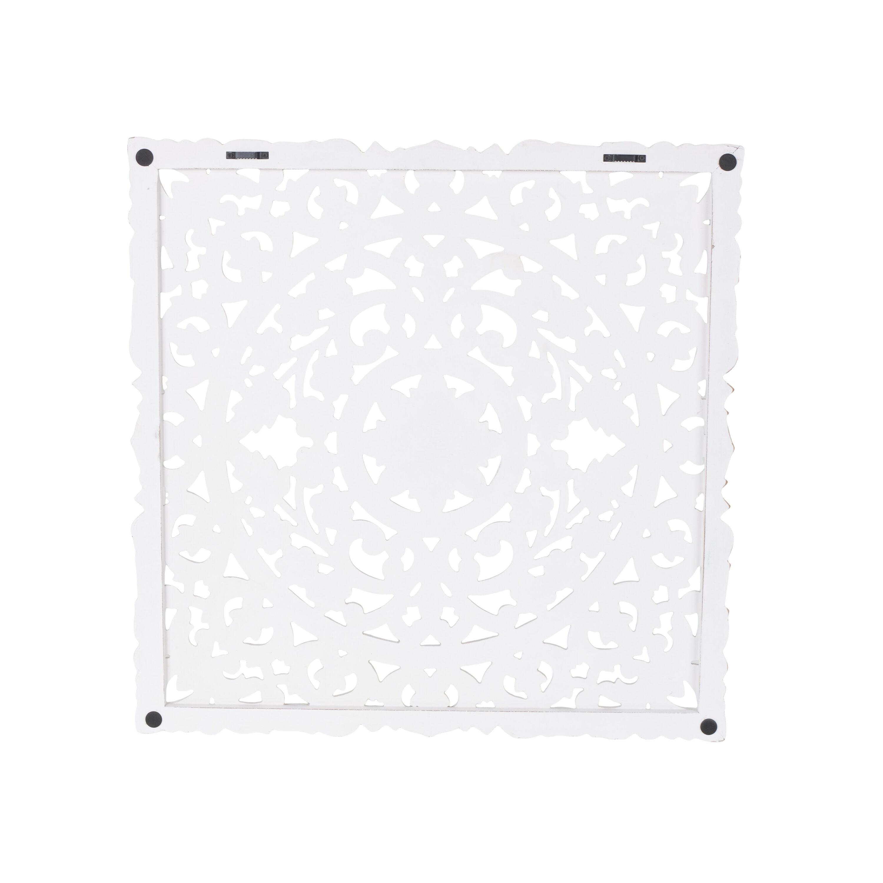 DecMode Traditional Wood Square White Handmade Wall Décor with Carved Mandala Design, 36"W x 36"H