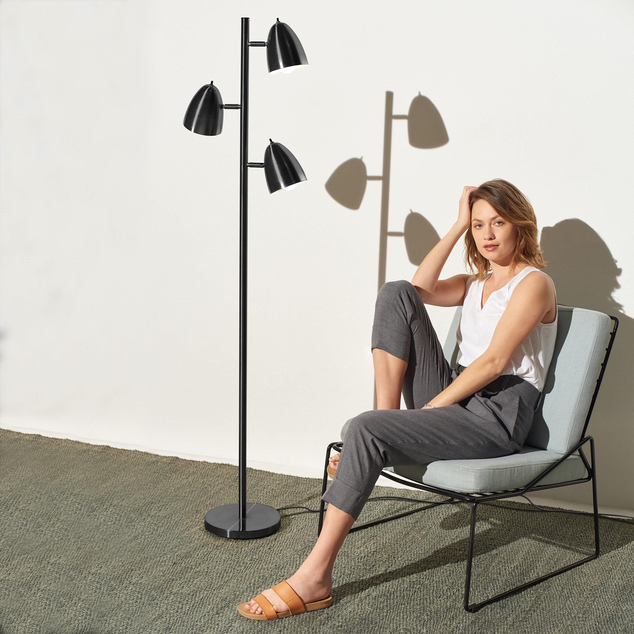 Brightech Jacob 64" Modern 3-Light Adjustable LED Floor Lamp with Black Finish and Metal Cone Shades, Bulbs Included