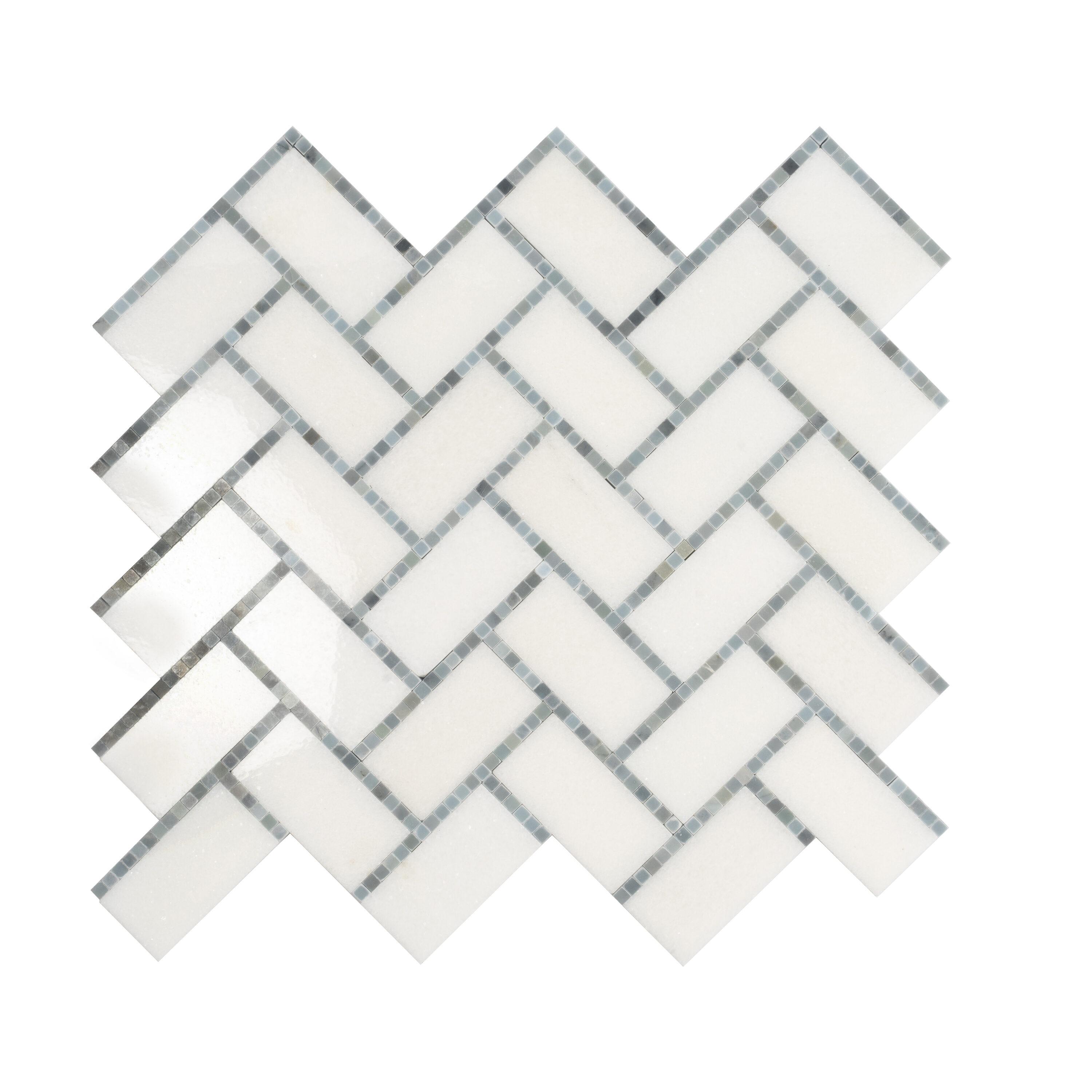 5 pack White and Gray 9.8 in. x 10.8 in. Polished Herringbone Marble Mosaic Floor and Wall Tile (3.68 sq. ft./Case)