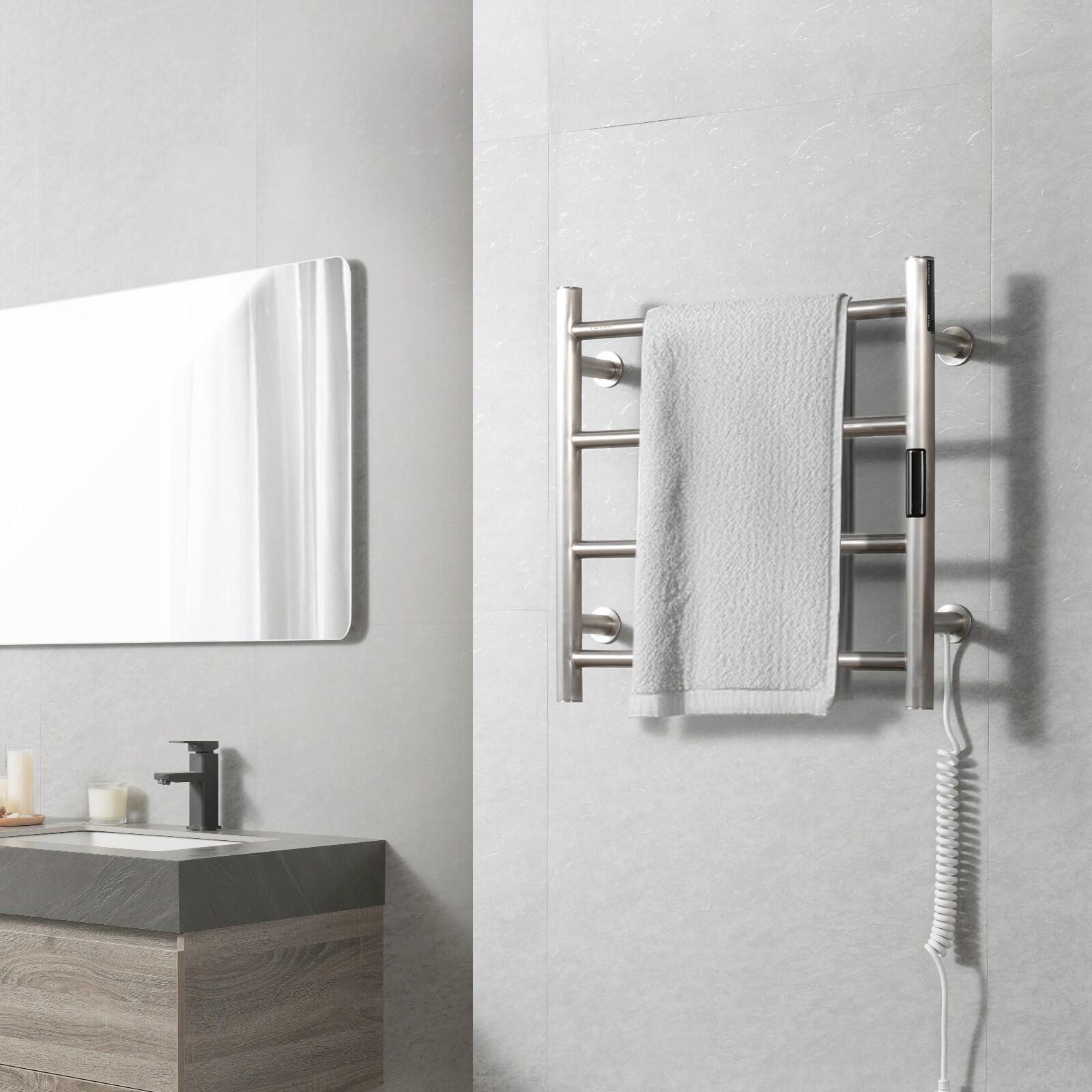 VEVOR 4 Bars Towel Warmer Rack, Wall Mounted Heated Towel Rack for Bathroom, IPX5 Waterpoof Towel Heater Rack with Timer & LED Display Screen, 5 Levels Adjustable Temperature Towel Heater, Silver