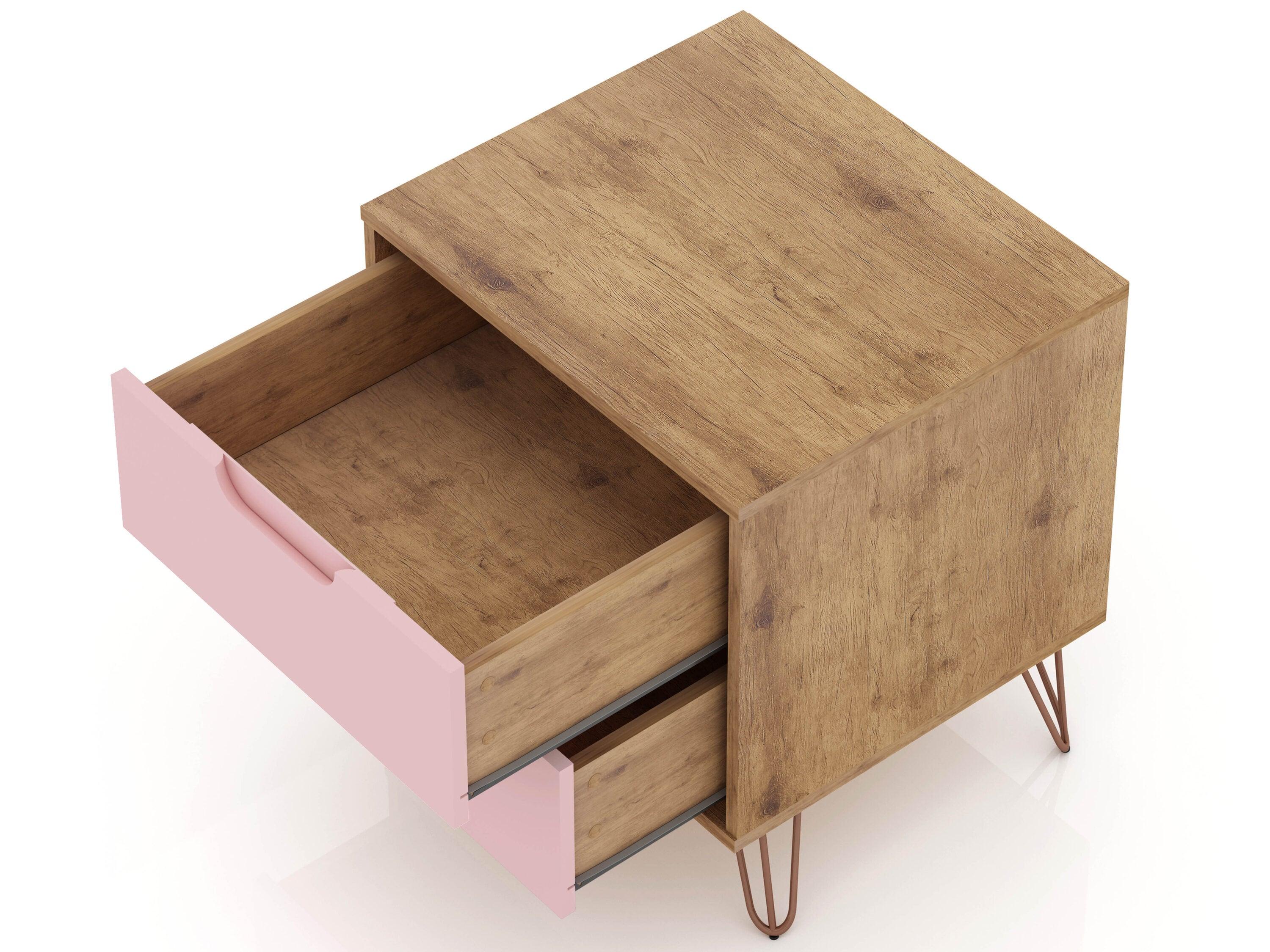 2.0 Rockefeller Nightstand Natural/Rose Pink - Manhattan Comfort: Modern MDF Bedside Storage with Metal Glides