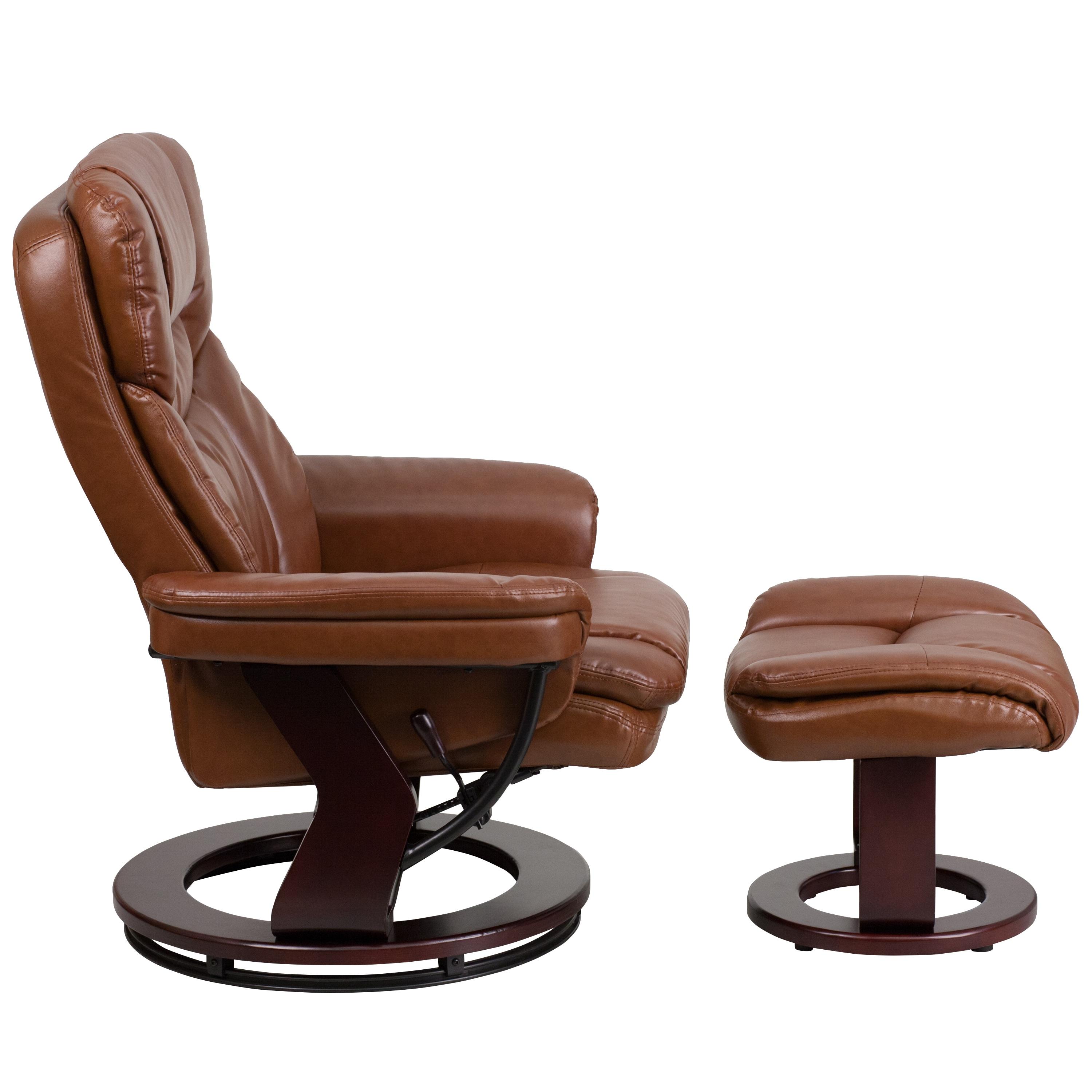 Flash Furniture Contemporary Multi-Position Recliner and Curved Ottoman with Swivel Mahogany Wood Base in Brown Vintage LeatherSoft