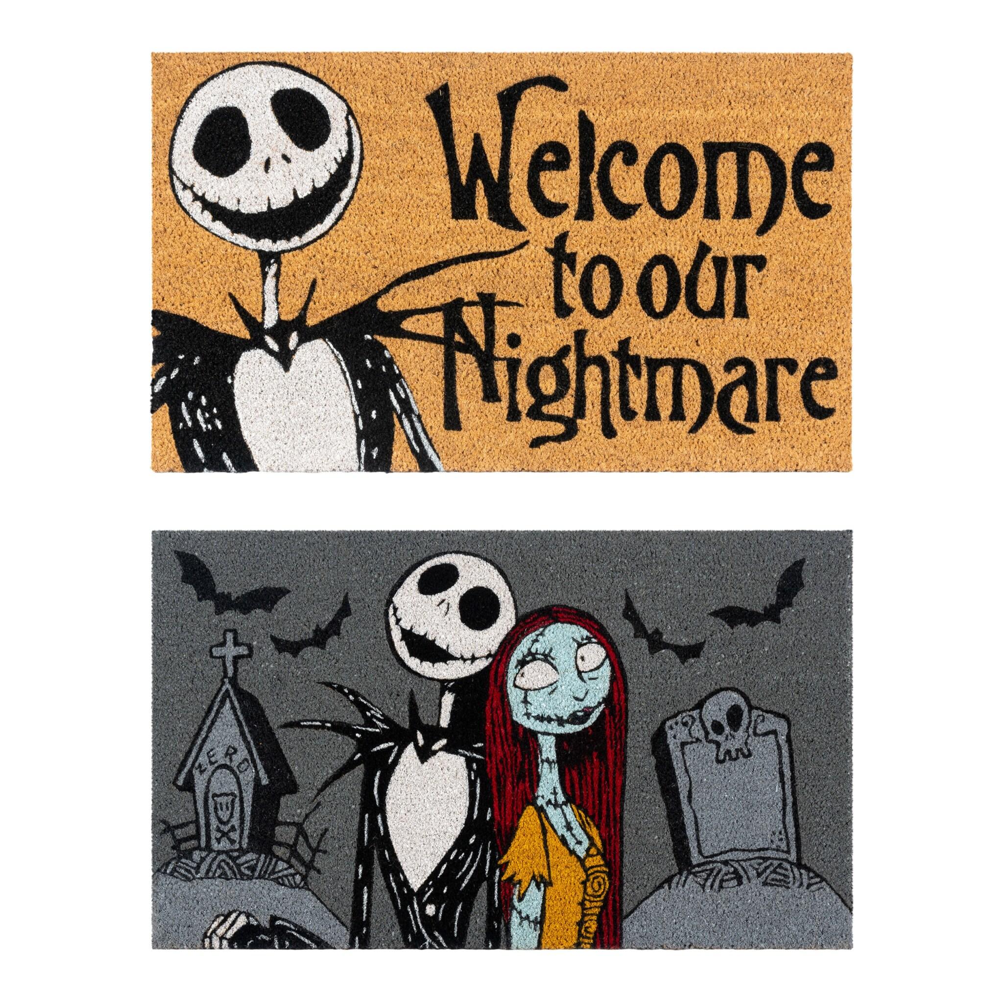 Disney Nightmare Before Christmas Jack Sally Welcome Black White Natural Graphic Non-Slip Indoor/ Outdoor Coir Door Mat 2-Pack, 20x34 (Set of 2)