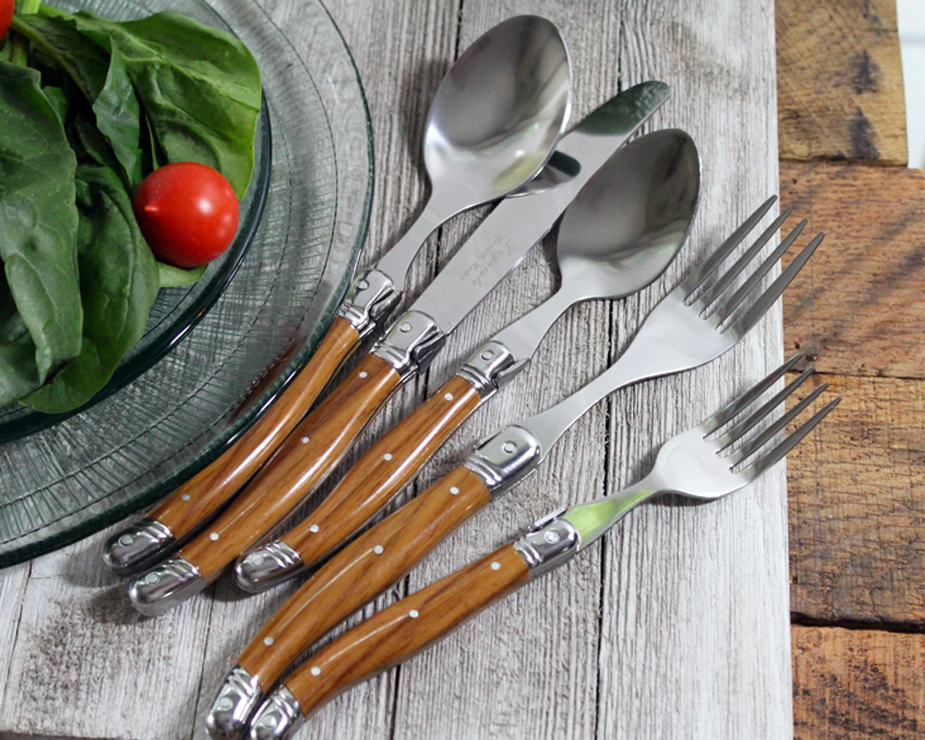 20pc Stainless Steel Laguiole Wood Grain Flatware Set Brown - French Home: Silverware Set, Ergonomic Grip, Service for 4