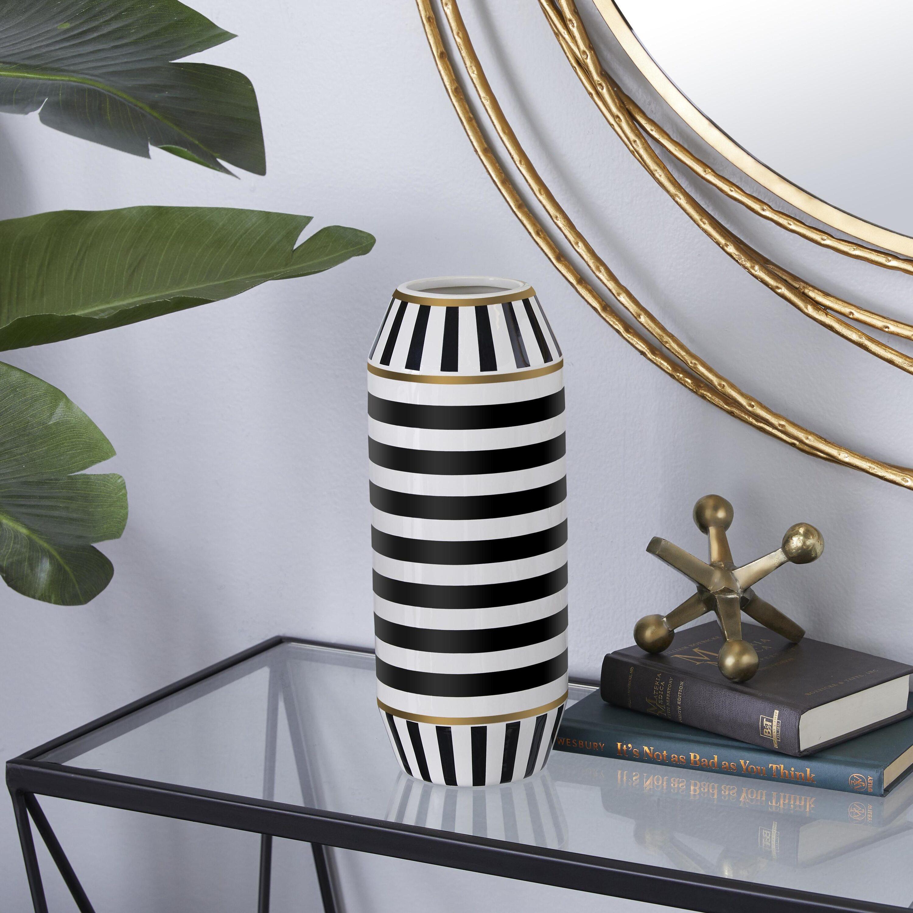 DecMode 13" Striped Black Ceramic Vase with Gold Accents