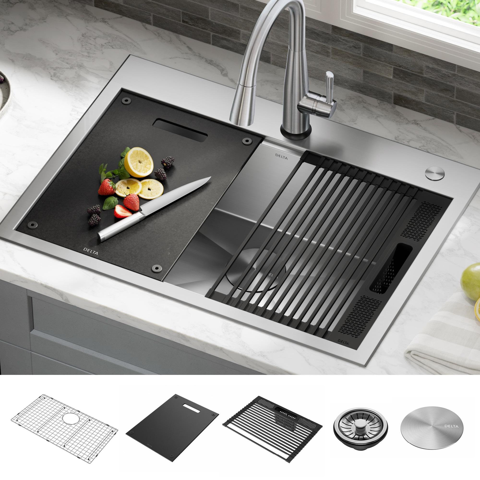 Delta Rivet™ 30" L Workstation Kitchen Sink Drop-In Top Mount 16 Gauge  Stainless Steel Single Bowl