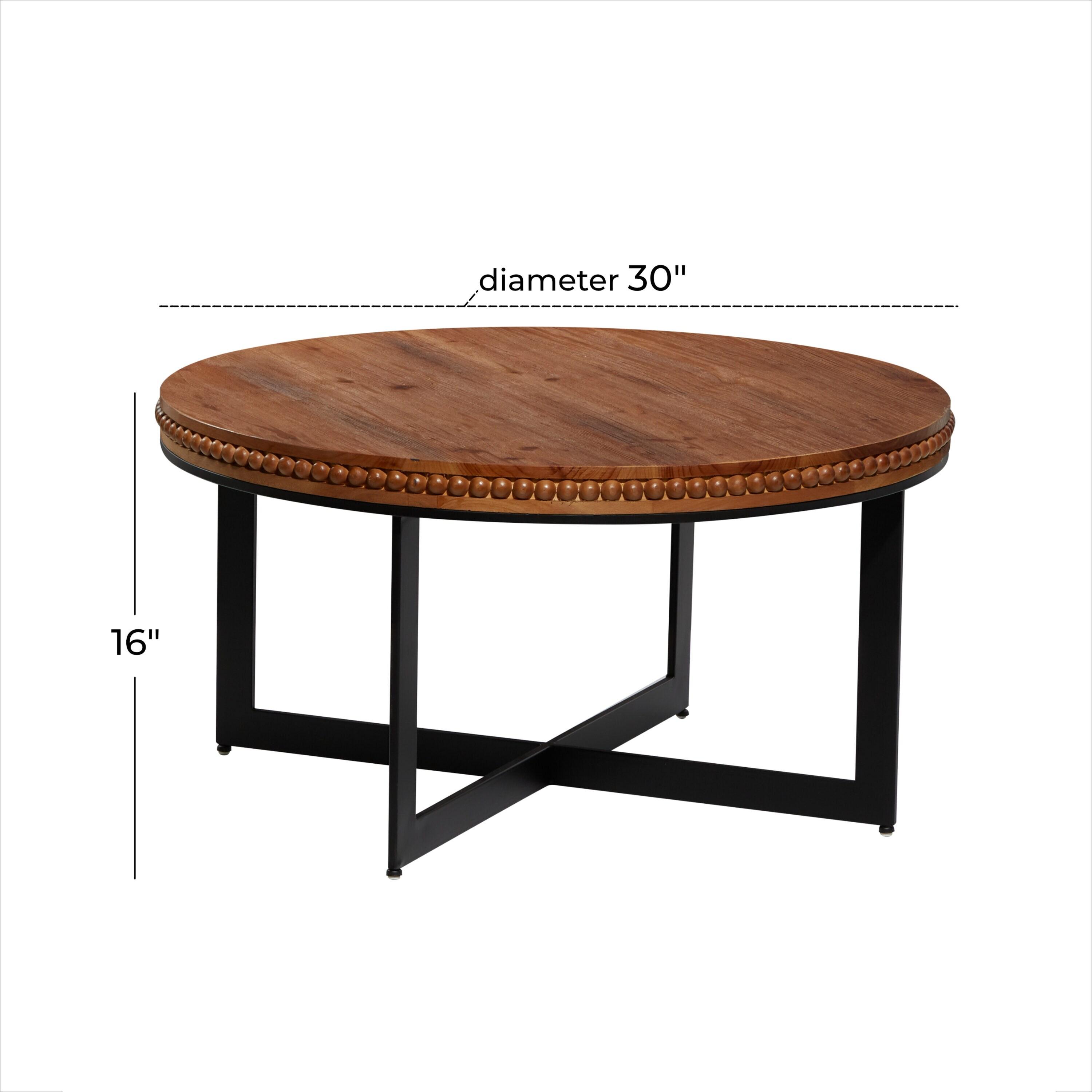 DecMode 30" x 16" Brown Wood Beaded Coffee Table with Metal X-Shaped Base, 1-Piece