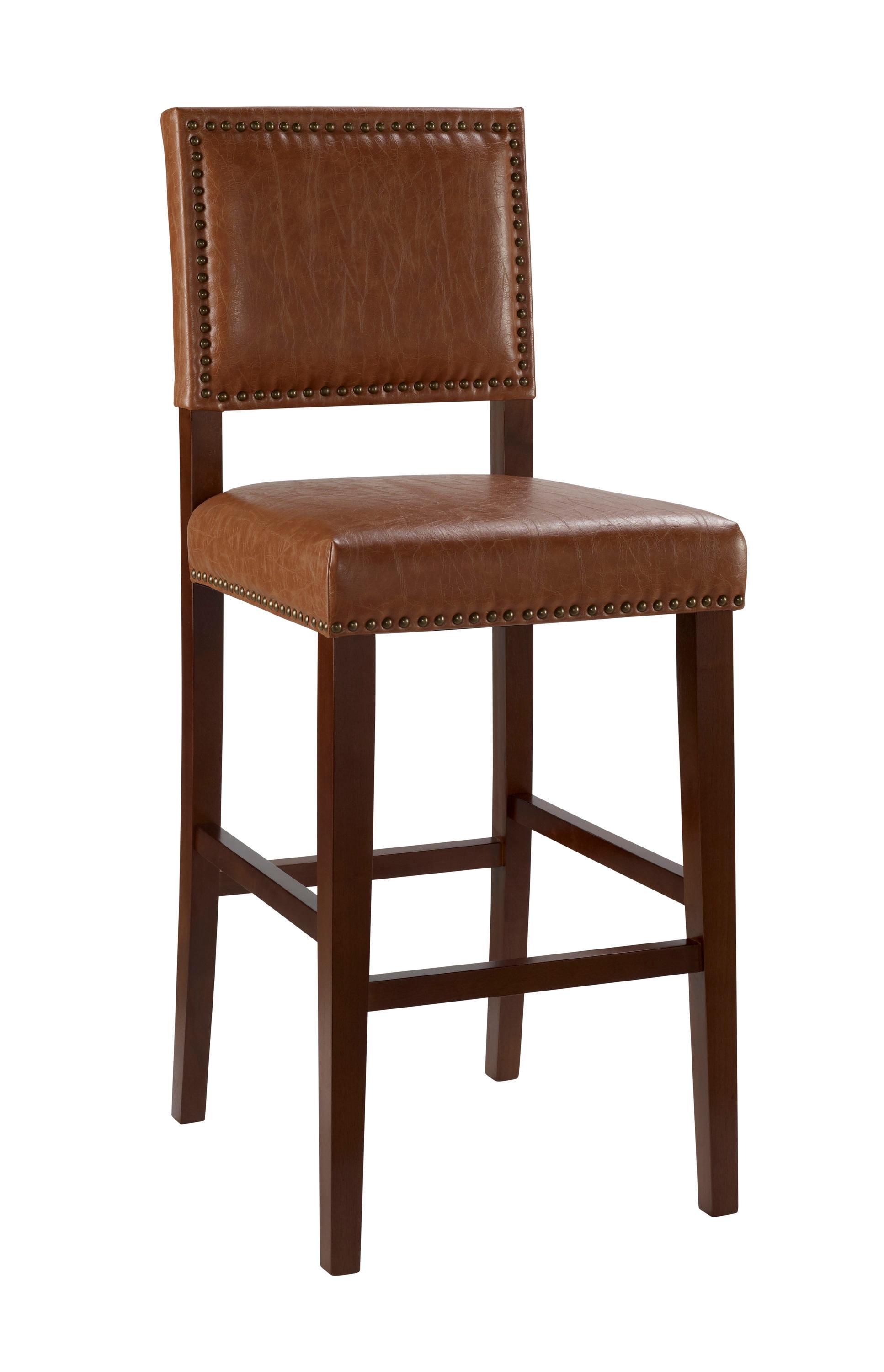 29" Brooke Padded Back Faux Leather Nailhead Barstool Caramel - Linon: Solid Wood Legs, 30" Seat Height