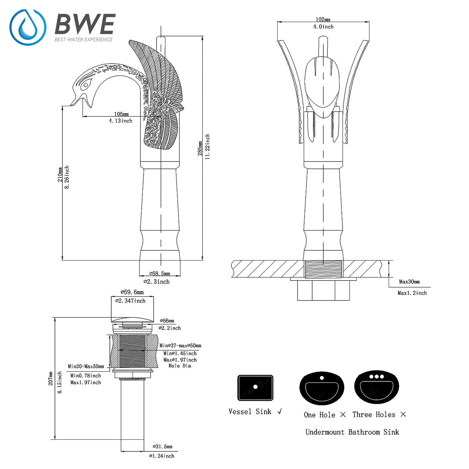 BWE Single Handle Vessel Sink Faucet with Pop-Up Drain in Gold