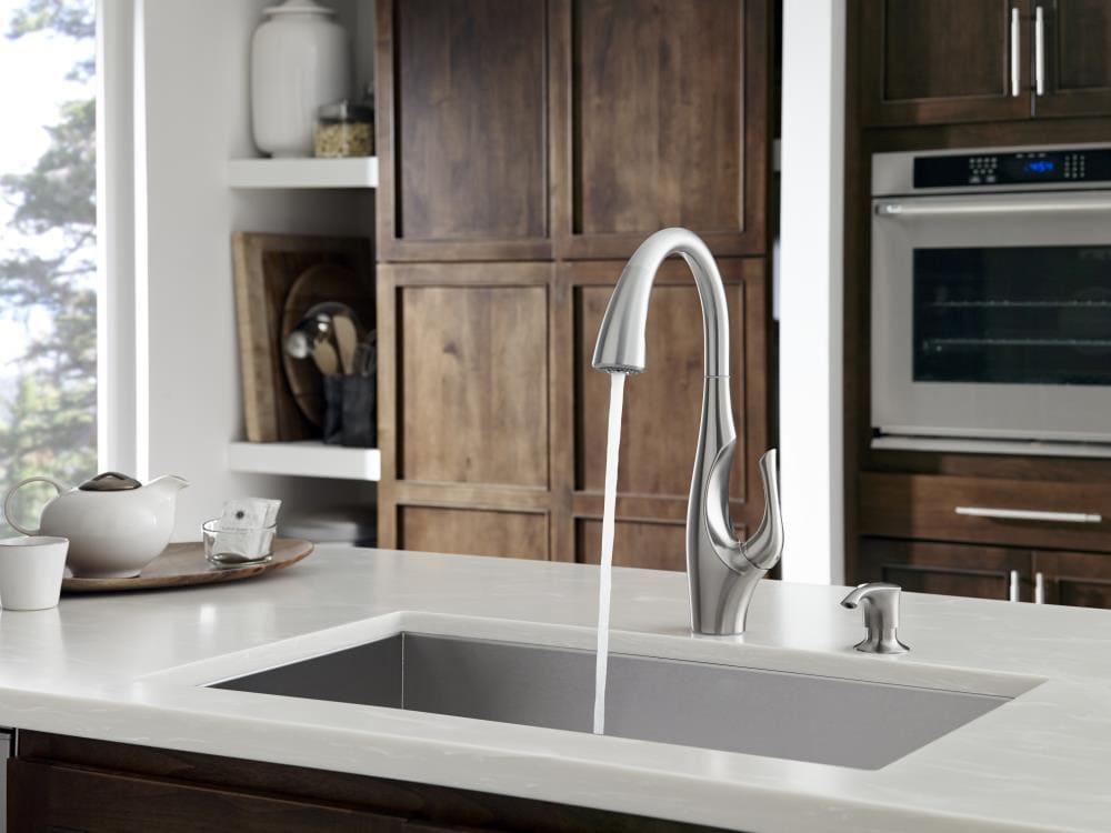 Pfister Indira Kitchen Faucet with Pull Down Sprayer and Soap Dispenser, Single Handle, High Arc, Spot Defense Stainless Steel Finish, F5297NDGS