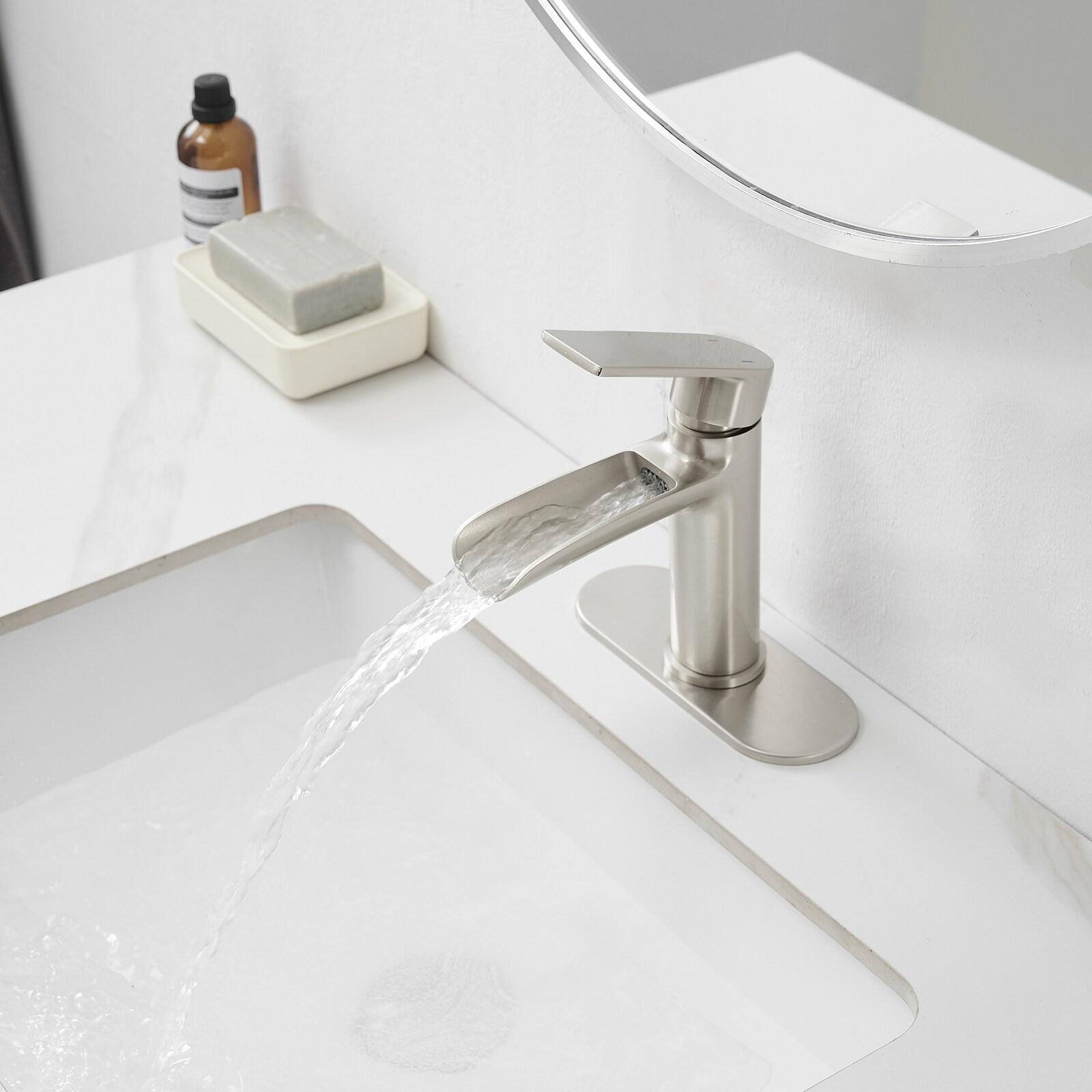 BWE Bathroom Faucets Waterfall Bathroom Faucet with Pop Up Drain for Bathroom Sink Single Hole Farmhouse RV Bathroom Basin Faucet Brushed Nickel