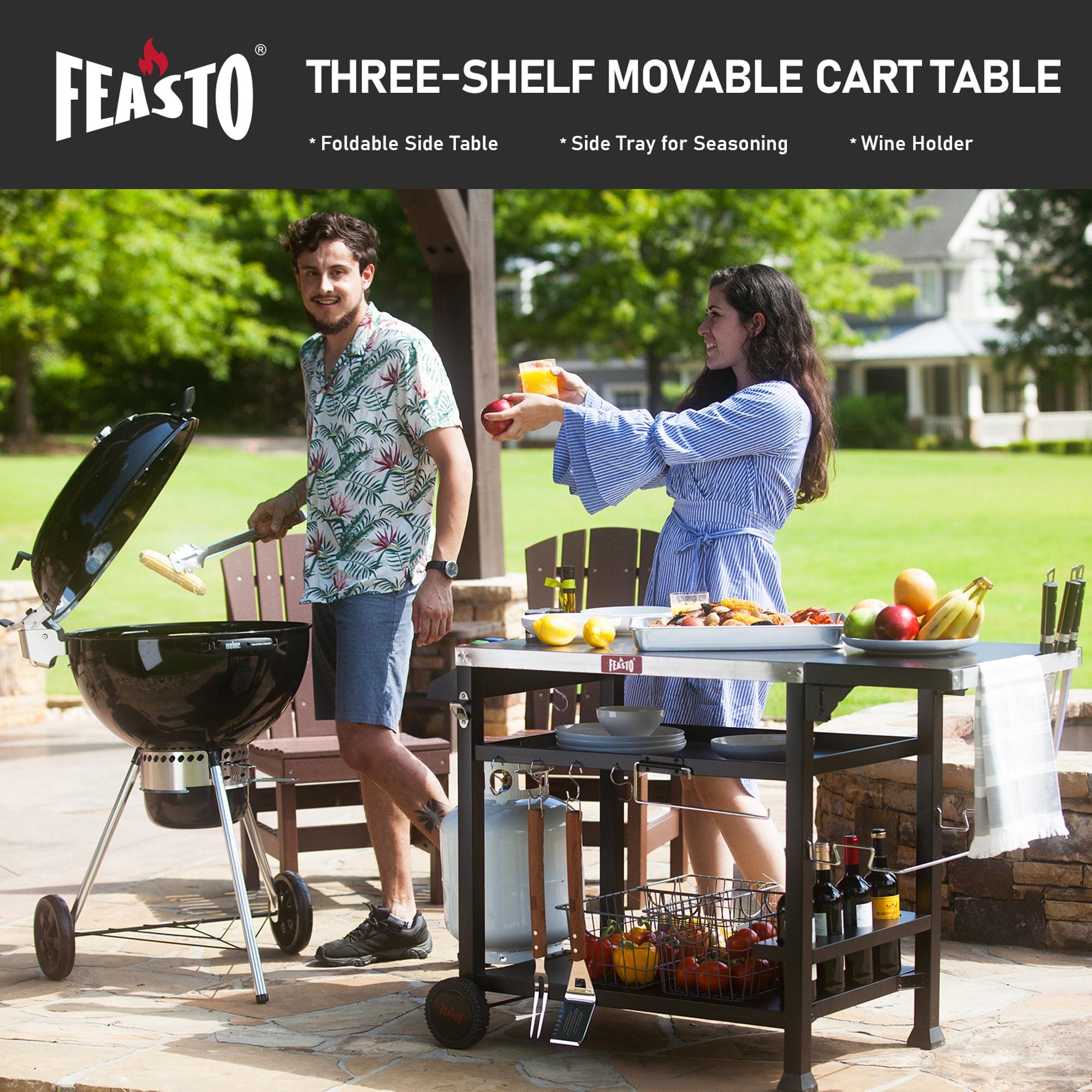 Feasto 50 in. Three-Shelf Stainless Outdoor Movable Food Prep Grill Cart Table with Fordable Side Table