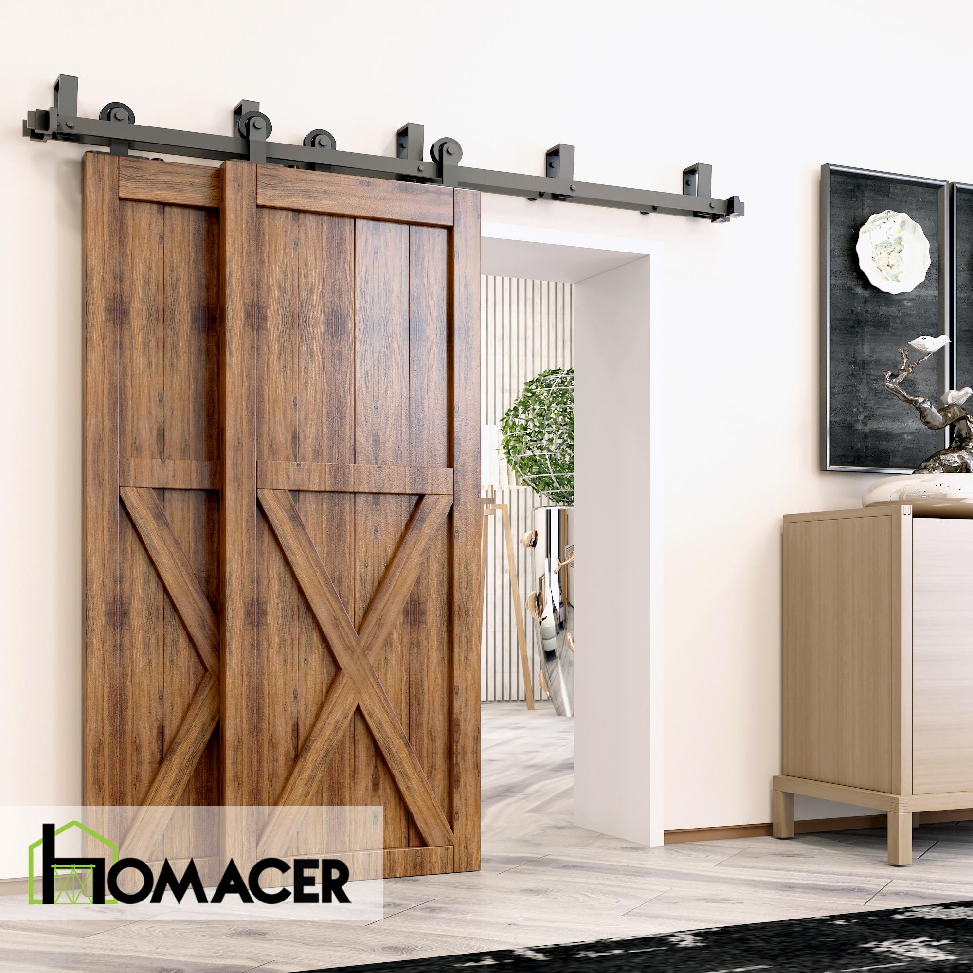 Homacer Black Rustic Double Track U-Shape Bypass Sliding Barn Door Hardware Kit, for Two/Double Doors, 12ft Long Flat Track, T-Shape Design Roller, Heavy Duty, for Interior & Exterior Use