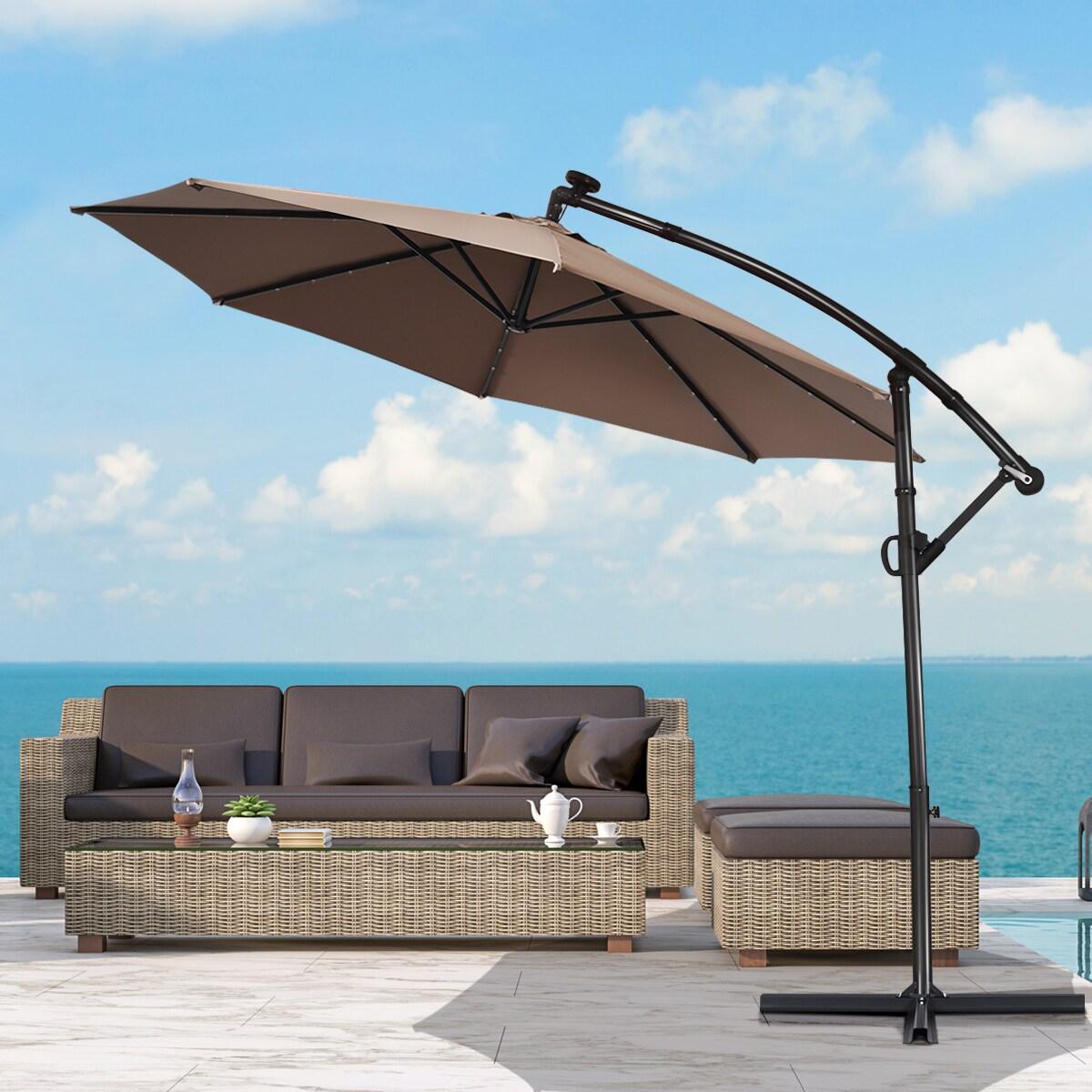 GVN 10 ft 360° Rotation Solar Powered LED Patio Offset Umbrella without Weight Base-Tan, Patio Offset Umbrella with Easy Tilt Adjustment, Cantilever Patio Umbrellas, Sunshade Umbrella Canopy