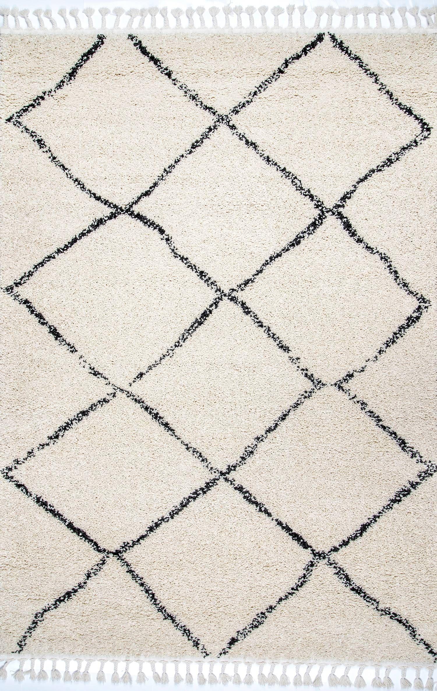 Off White Braided Square Shag Synthetic Easy Care Rug