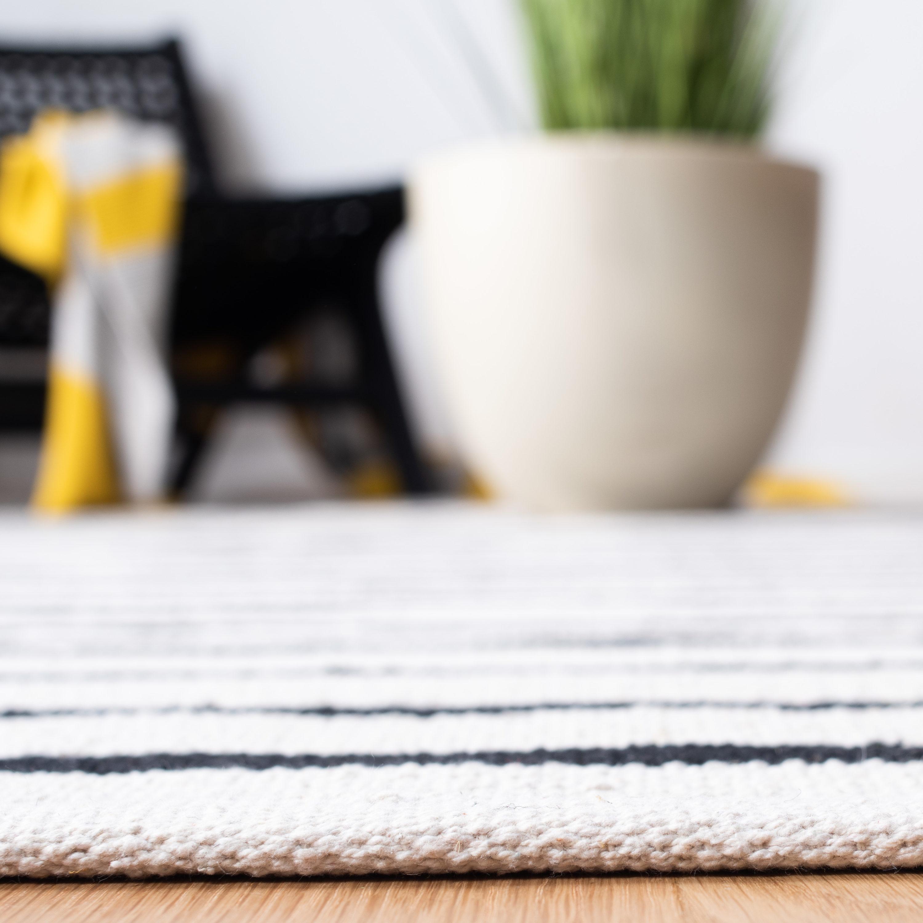 Handwoven Black Stripe Cotton 8' Square Flat Weave Rug