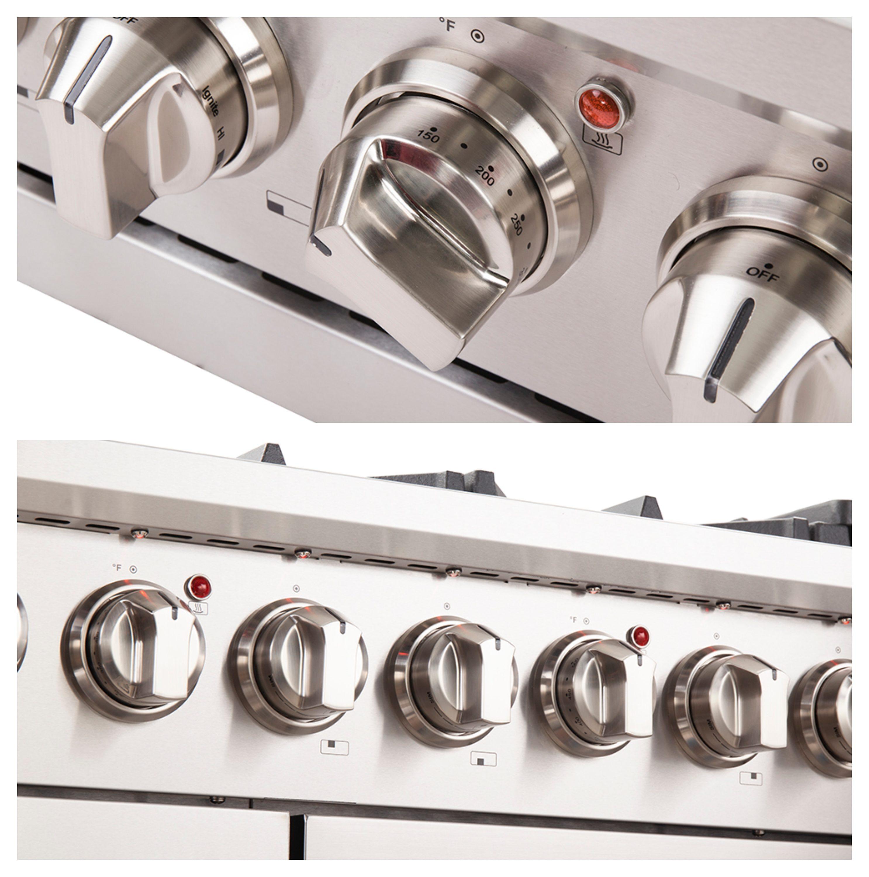 Capriasca 48-inch Gas Range Stainless Steel, 8 Brass Burners 160,000 BTU, 6.58 cu.ft. Double Ovens