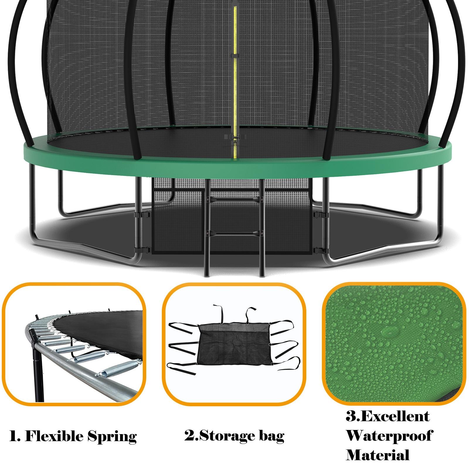 12FT Round Trampoline with Basketball Hoop for Kids, Outdoor Recreational Trampolines with Safety Enclosure Net & Ladder, 880 LBS Weight Capacity, Green