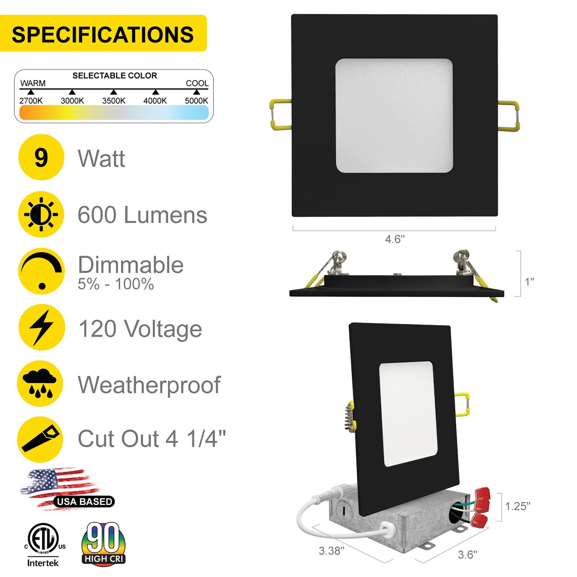 4 in. Slim Canless Square LED Recessed Light 12W 5CCT Dimmable IC Rated 550LM Black Trim 12PK