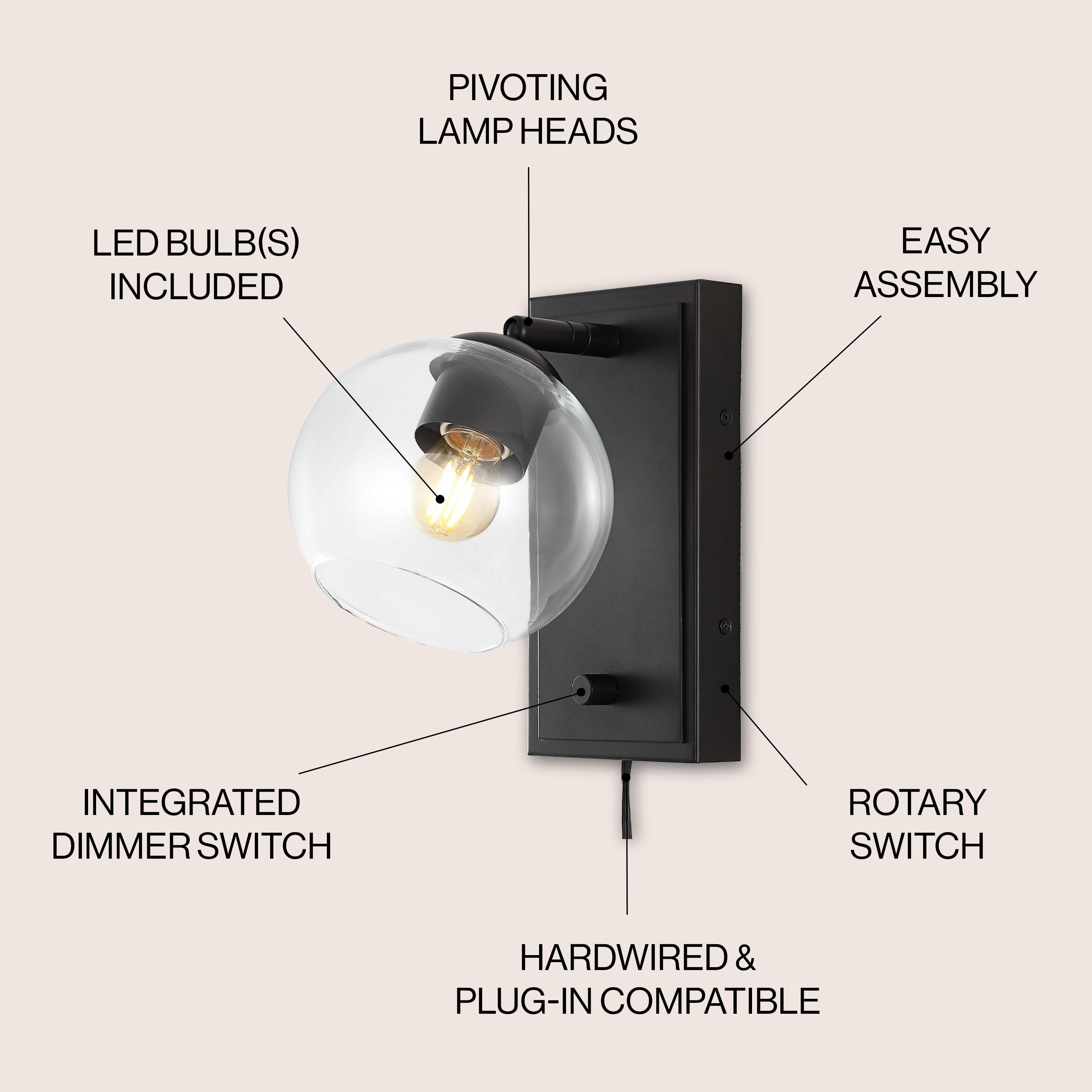 Hugo 6" 1-Light Minimalist Modern Plug-In or Hardwired Adjustable Iron LED Wall Sconce with Rotary Dimmer, Oil Rubbed Bronze with Clear Globe