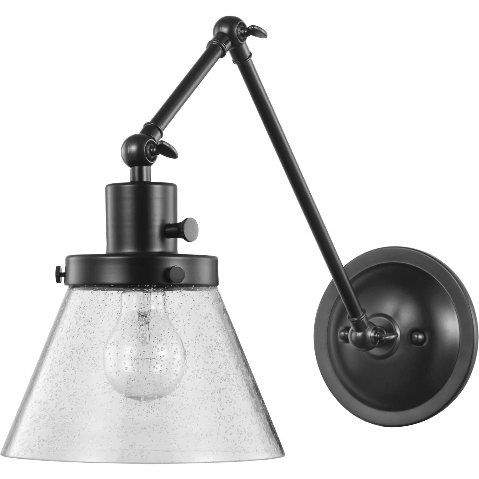 Progress Lighting Hinton 1-Light Swing Arm Wall Bracket, Steel, Black Finish, Seeded Glass Shade