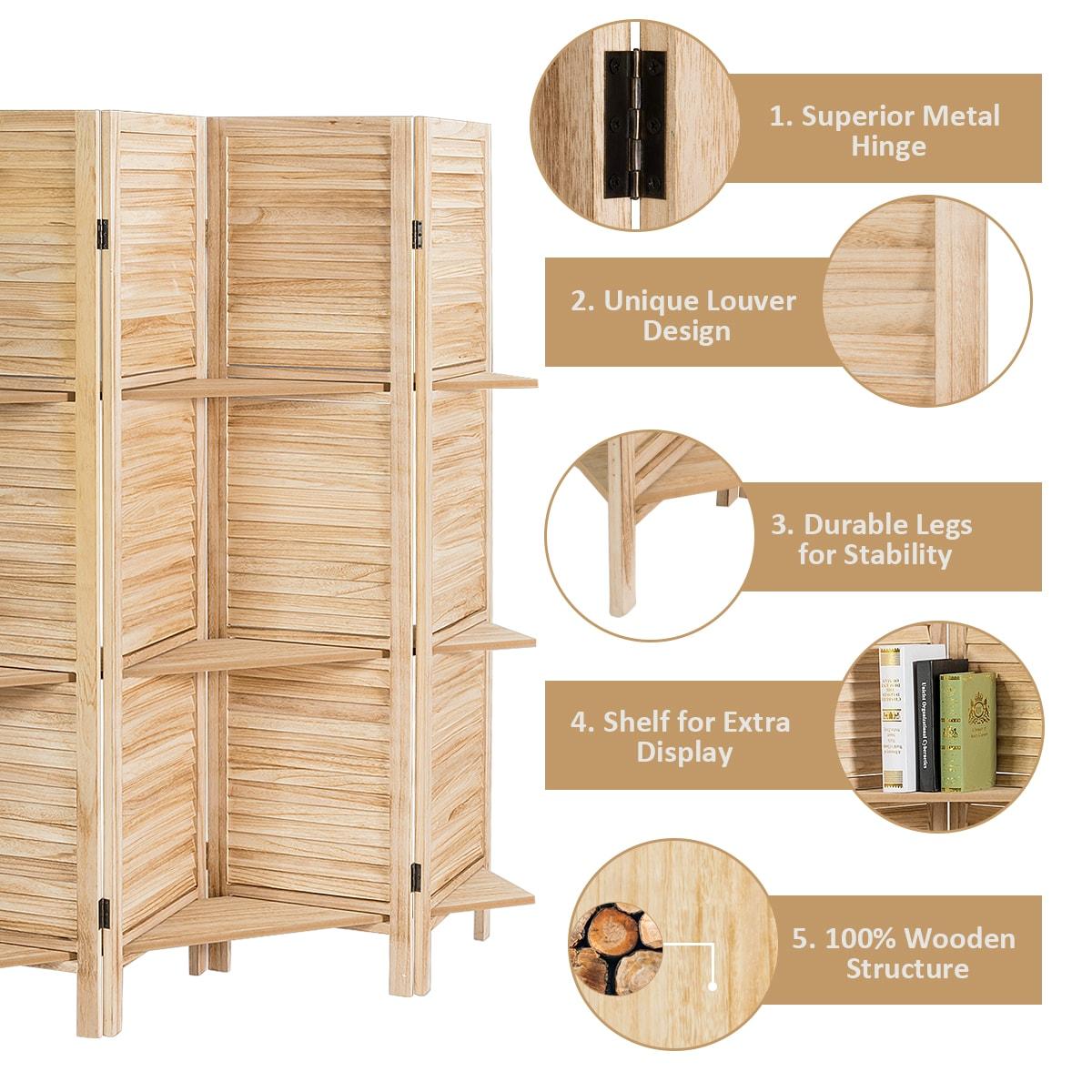 Costway 4 Panel Folding Room Divider Screen W/3 Display Shelves 5.6 Ft Tall Natural