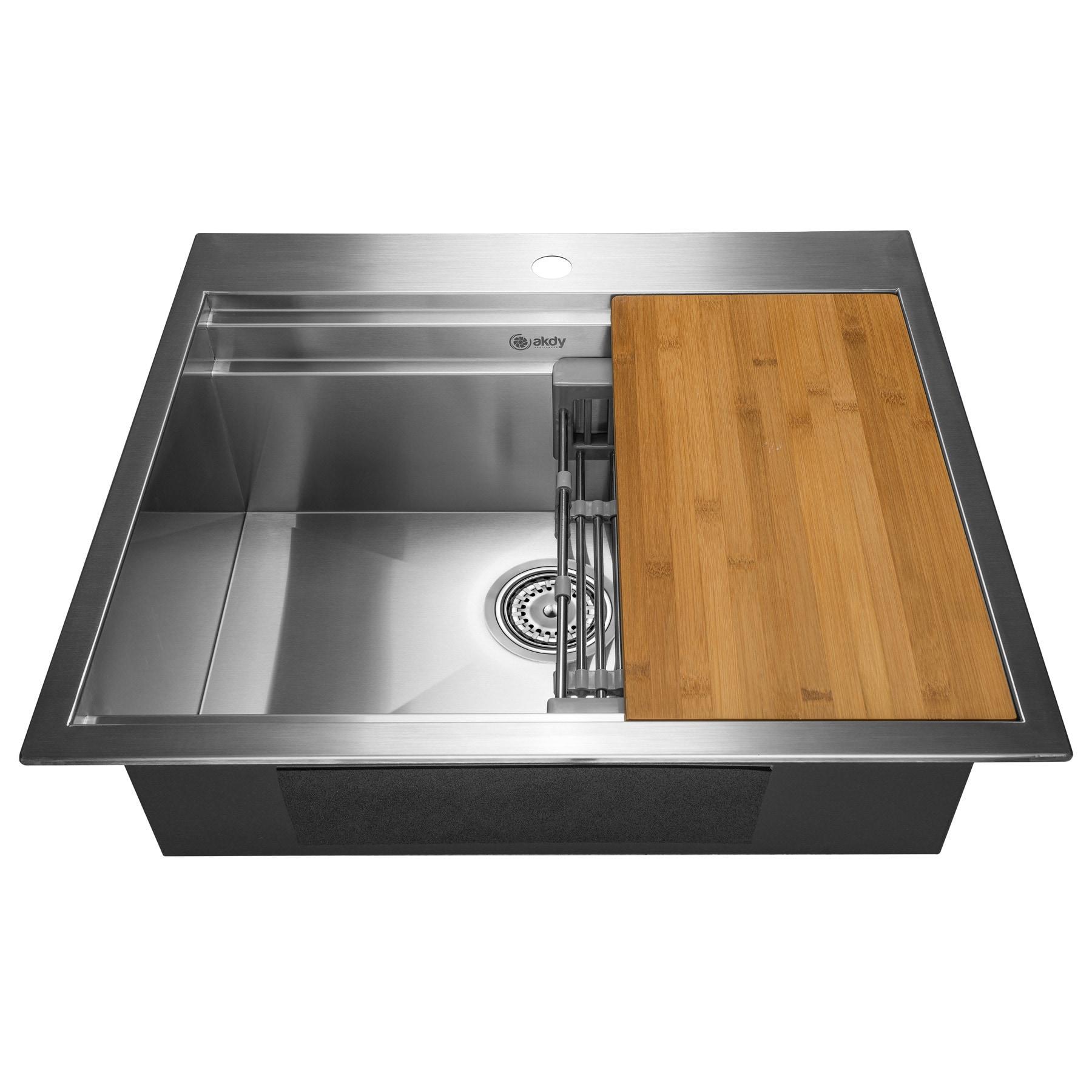 Drop-In 25-in x 22-in Brushed Stainless Steel Single Bowl 1-Hole Workstation Kitchen Sink