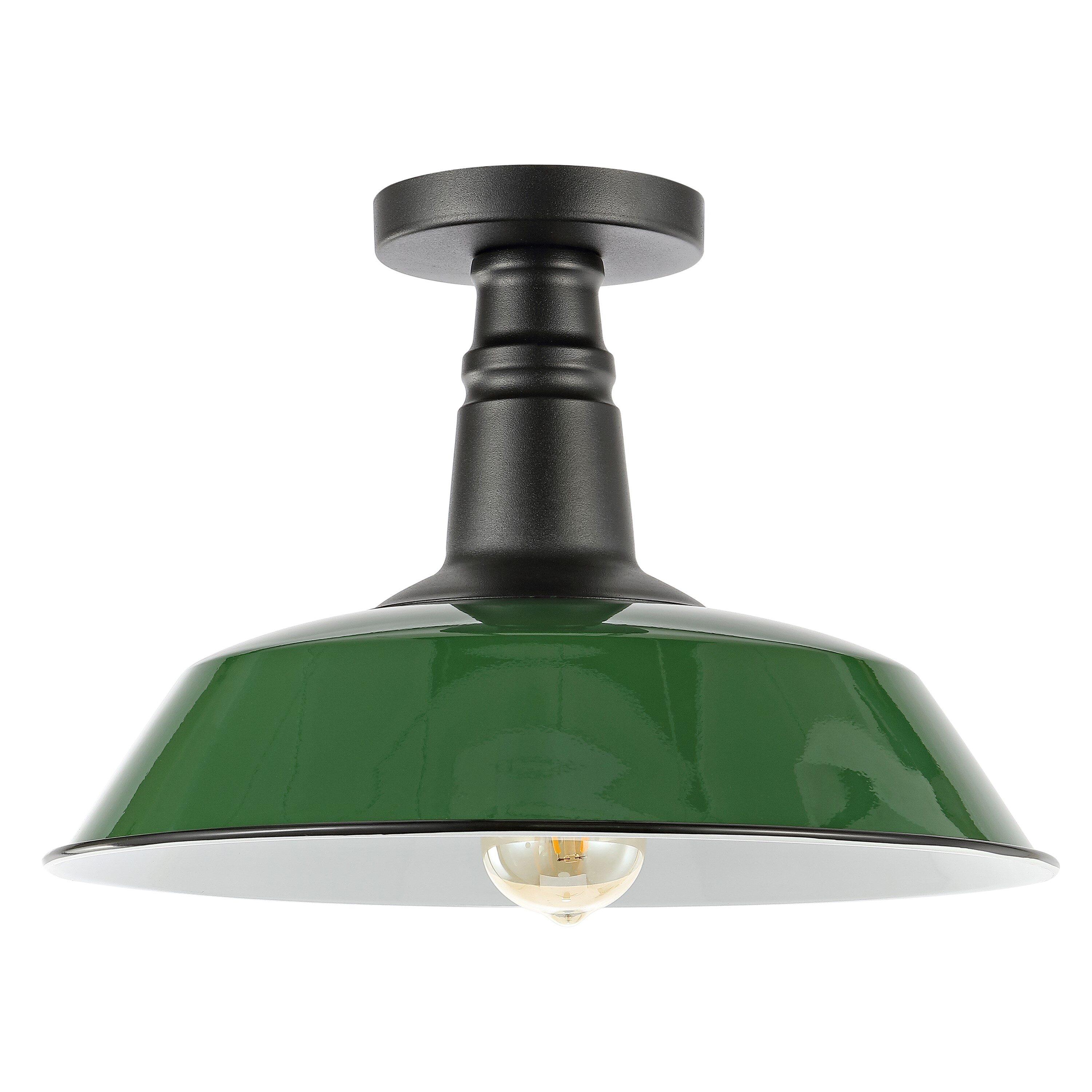 JONATHAN Y Camila 14" 1-Light Classic Industrial Indoor/Outdoor Iron LED Semi Flush Mount, Green/White, JYL7617F