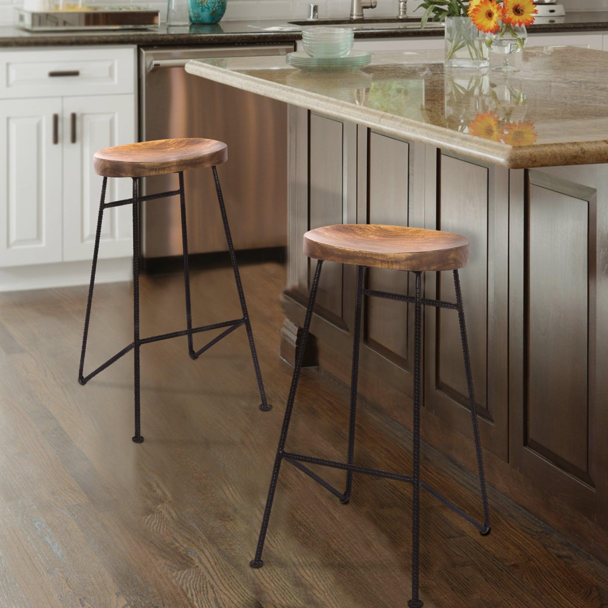 Wooden Saddle Seat Barstool with Iron Rod Legs Brown/Black - The Urban Port: Fixed Height, Polished Finish, Spot Clean