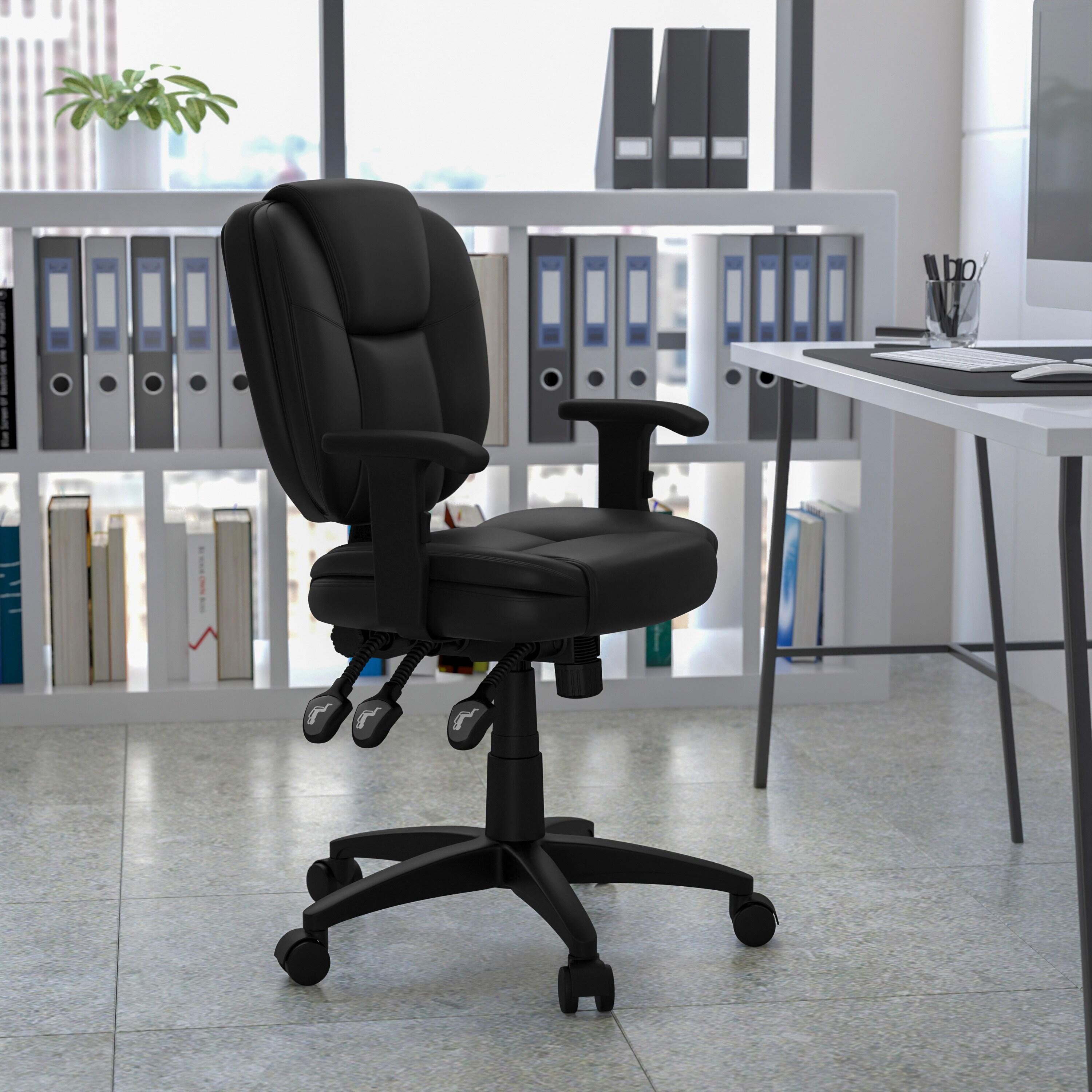 Flash Furniture Mid-Back Black LeatherSoft Multifunction Swivel Ergonomic Task Office Chair with Pillow Top Cushioning and Arms