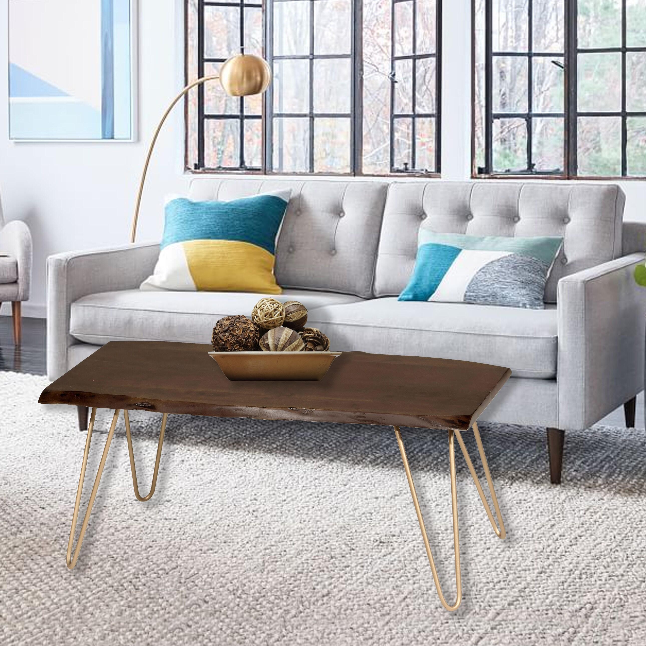 Carolina Living Langdon Live Edge Coffee Table/Bench Elm/Gold: Rectangular Acacia Top, Metal Frame, Non-Toxic Finish