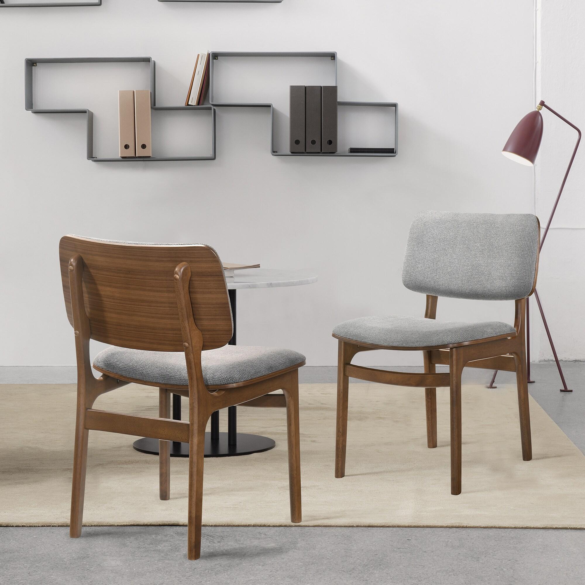 Set of 2 Lima Upholstered Wood Dining Chairs Walnut - Armen Living: Mid-Century Modern, Rubberwood Frame, Gray Polyester