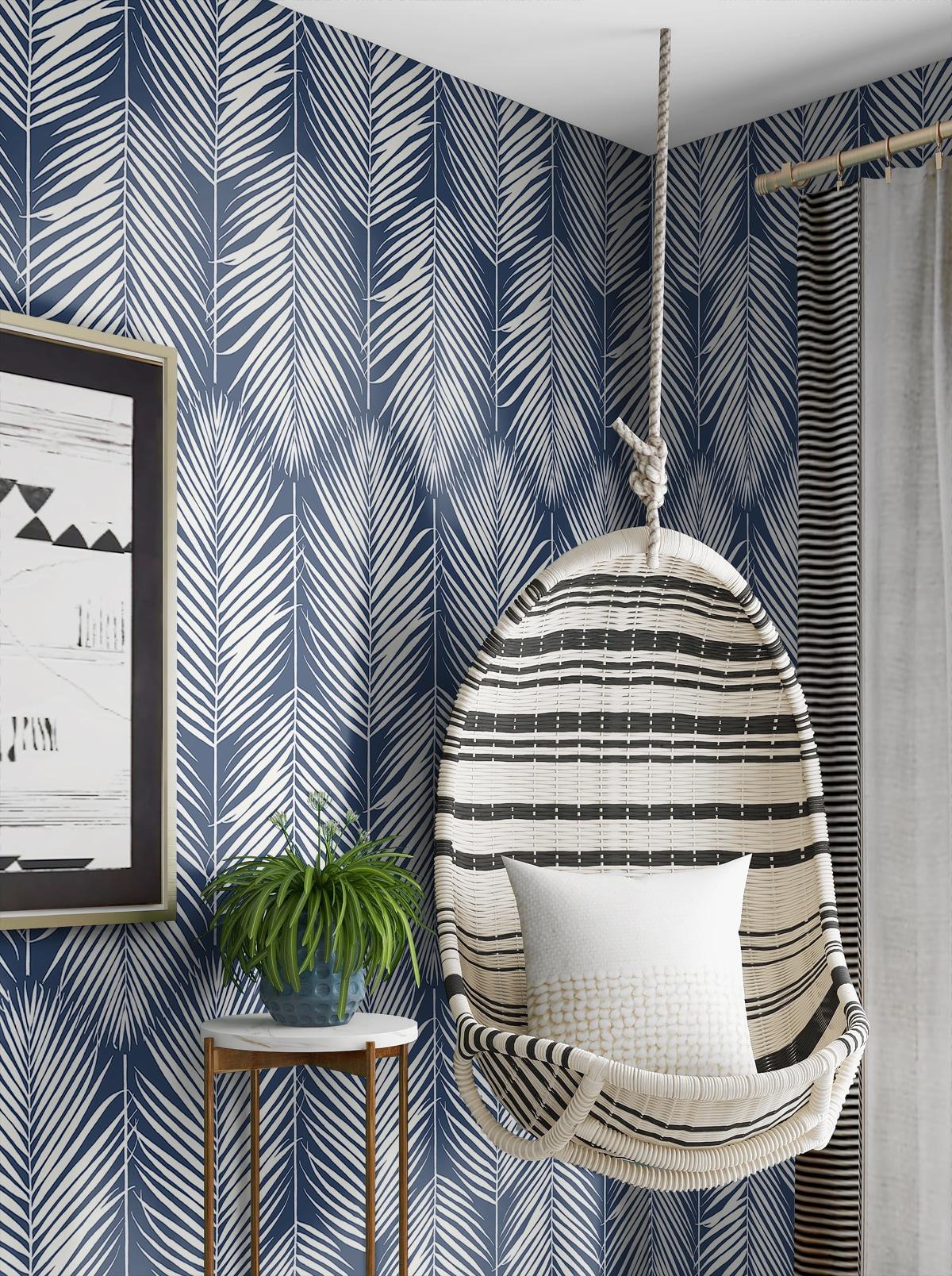 NextWall Coastal Blue Palm Silhouette Peel and Stick Wallpaper