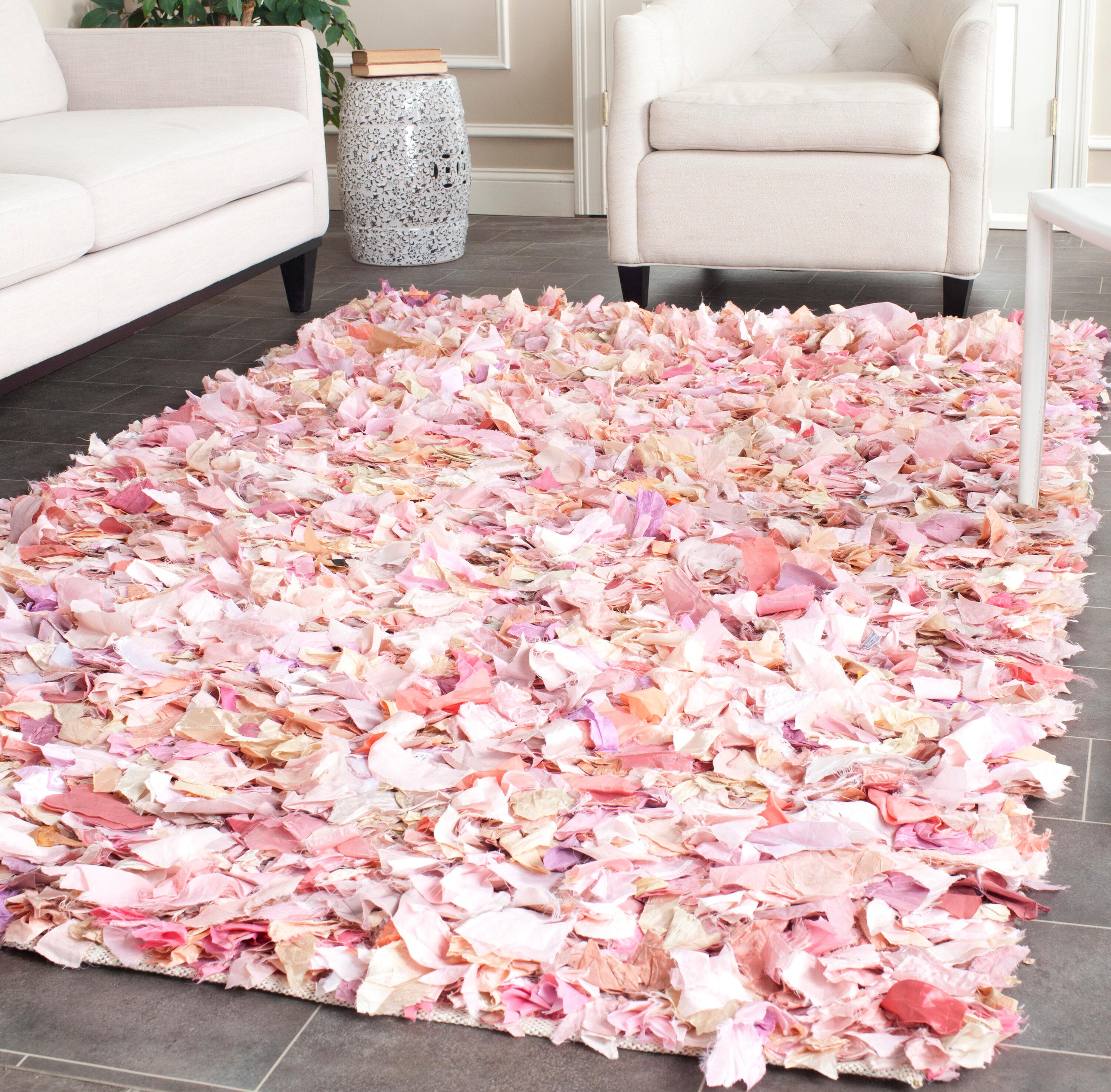 SAFAVIEH Rio Cassandra Confetti Polyester Shag Area Rug, Ivory/Pink, 6' x 6' Square