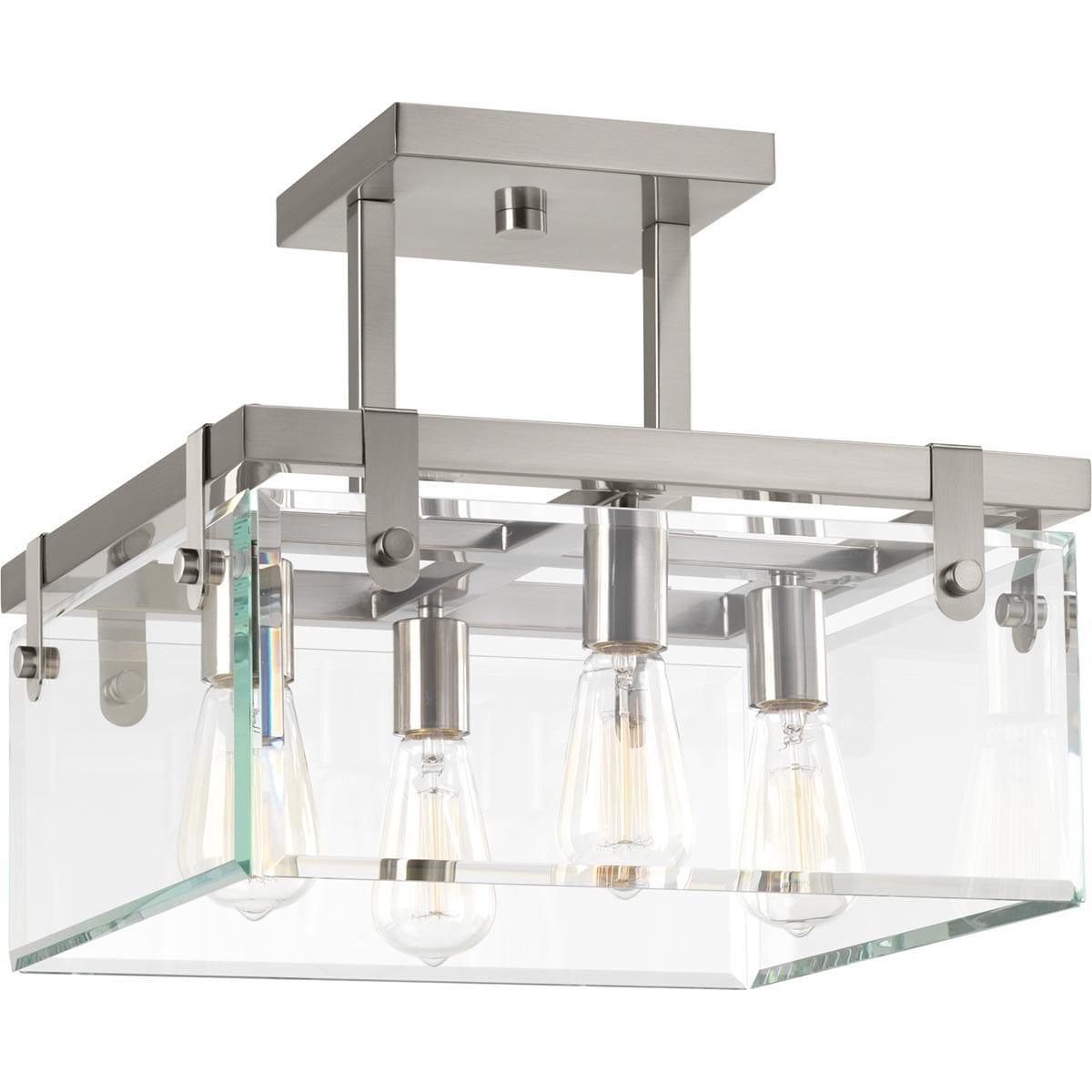 Progress Lighting Glayse 4-Light Semi-Flush Convertible Fixture, Brushed Nickel, Beveled Glass Shade