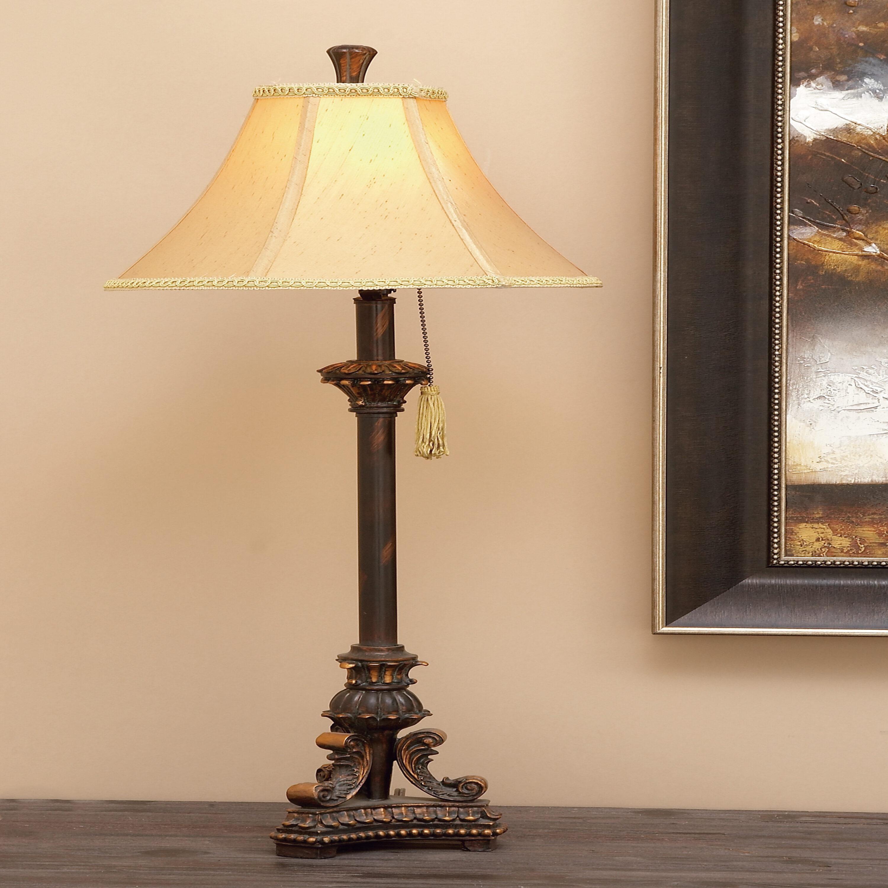 DecMode 31" Antique Style Bronze Buffet Lamp with Beige Fabric Shade