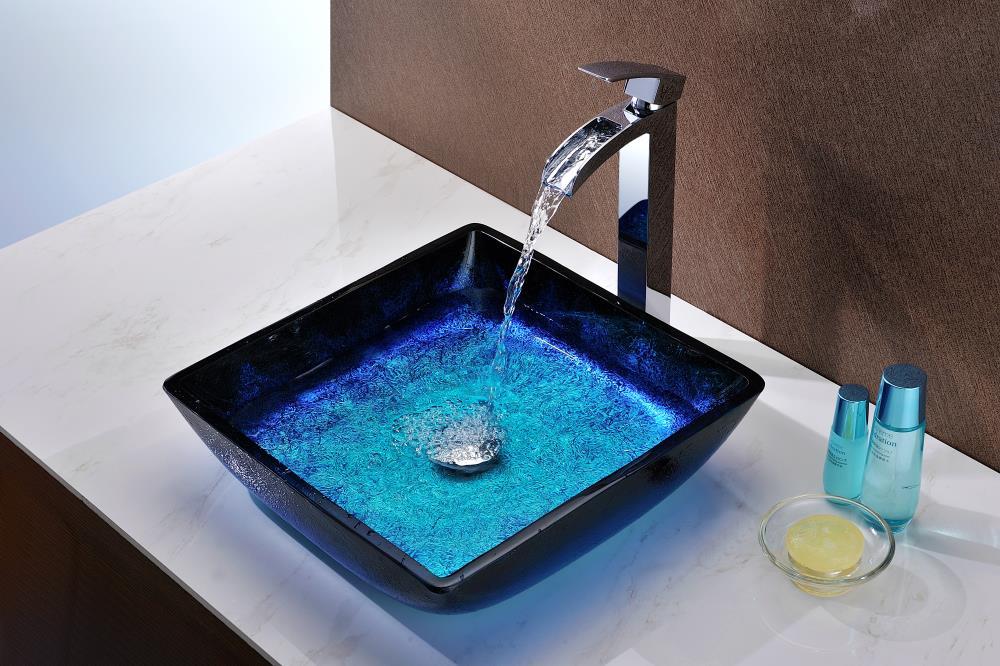 ANZZI Viace 15.13'' Blazing Blue Tempered Glass Square Bathroom Sink