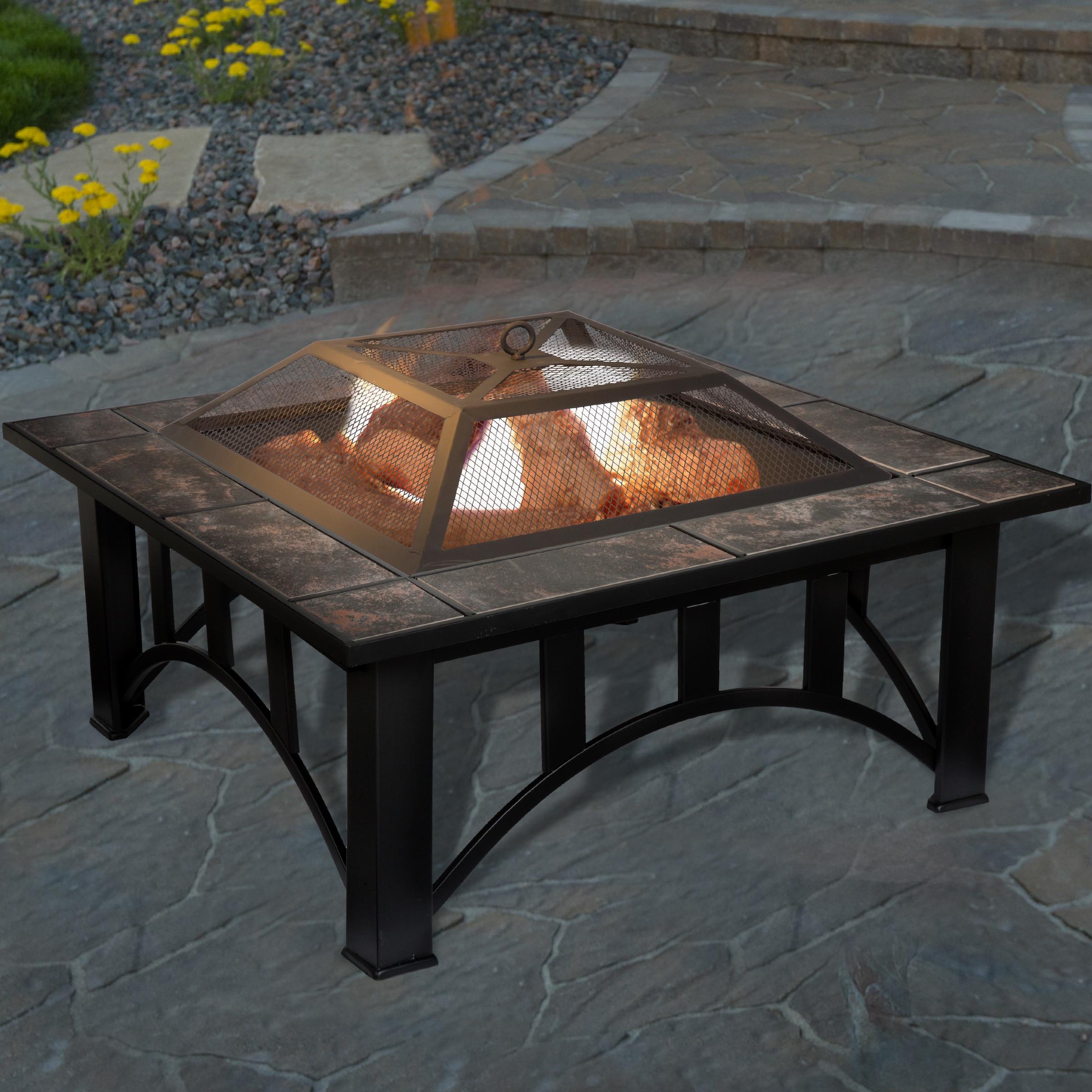 Nature Spring 33" Square Fire Pit With Tile Surround – Black and Orange